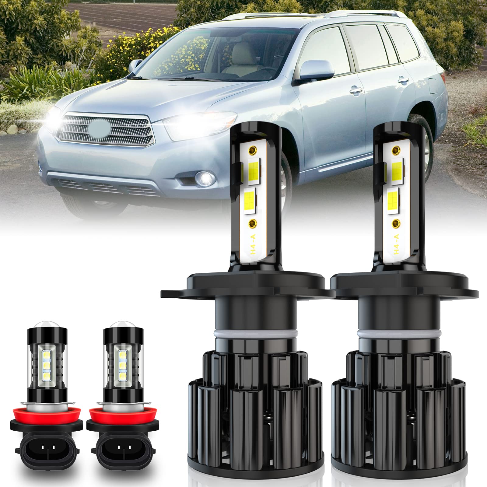 2008-2010 Toyota Highlander LED Headlight Bulbs Kit - H4 High/Low Beam & H11 Fog Lights - 60W 10000LM 6000K White Super Bright - IP67 Waterproof - Plug & Play (4 Pack) - Perfect for Night Driving & Foggy Conditions