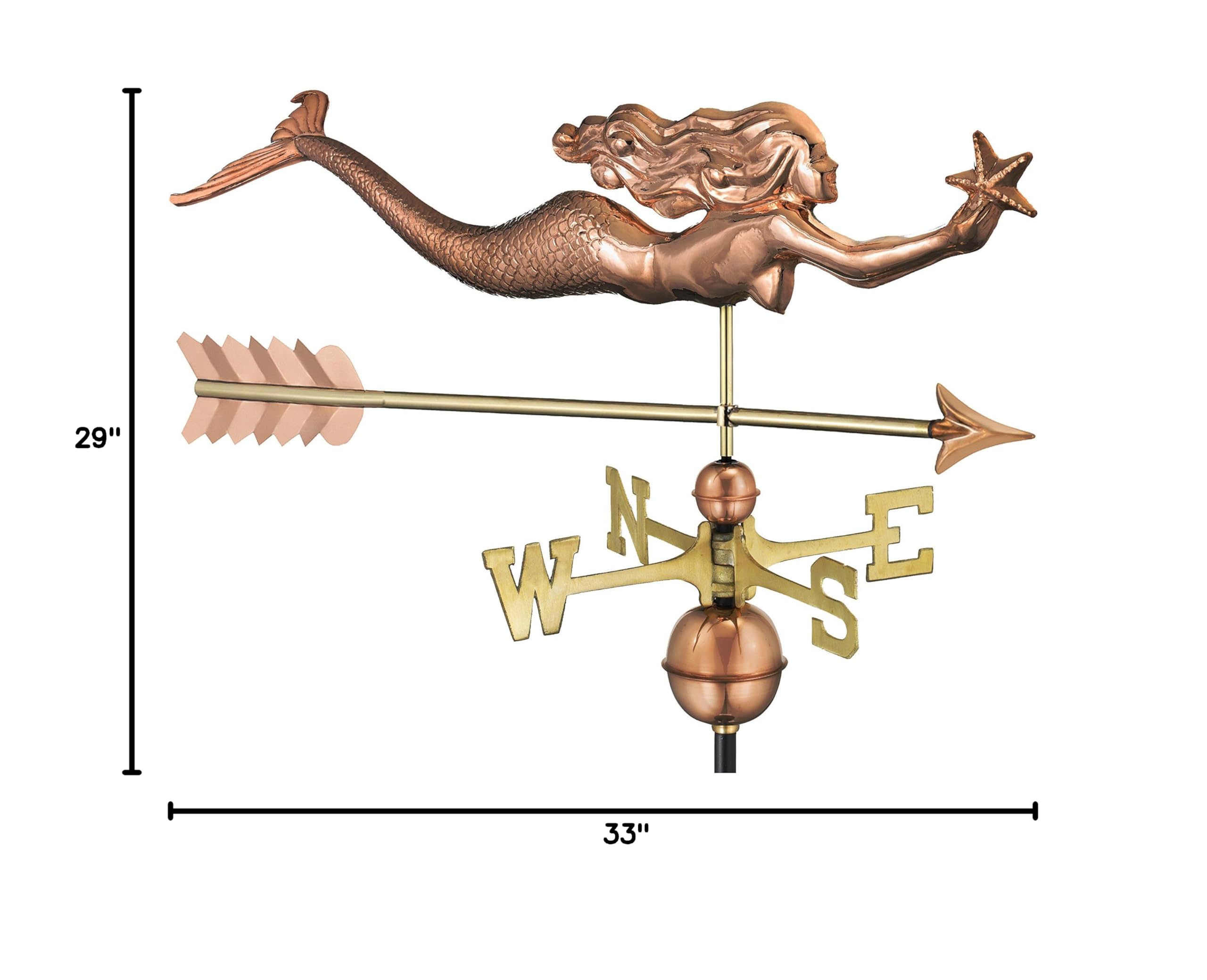 Good Directions Pure Copper Mermaid with Starfish and Arrow Weathervane - Coastal Home Decor, Garden Accent & Nautical Themed Gift