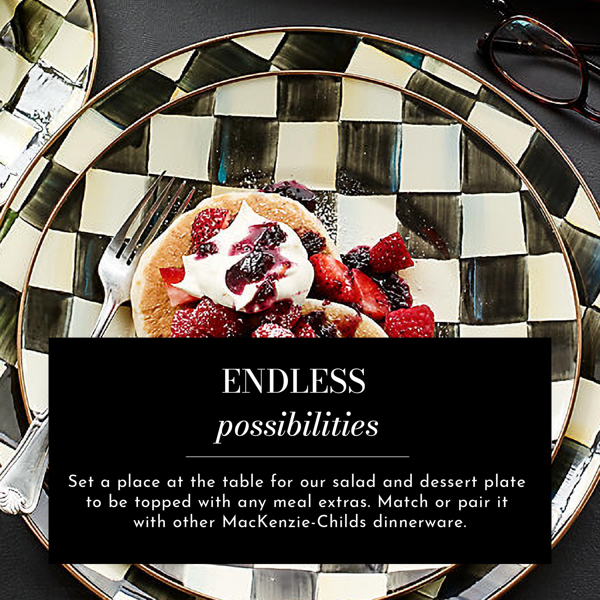 MACKENZIE-CHILDS 8-Inch Enamel Salad Plate & Dessert Plate - Elegant Black and White Courtly Check Design - Perfect for Appetizers, Cakes, or Party Serving - Durable & Stylish Tableware for Home Dining & Entertaining