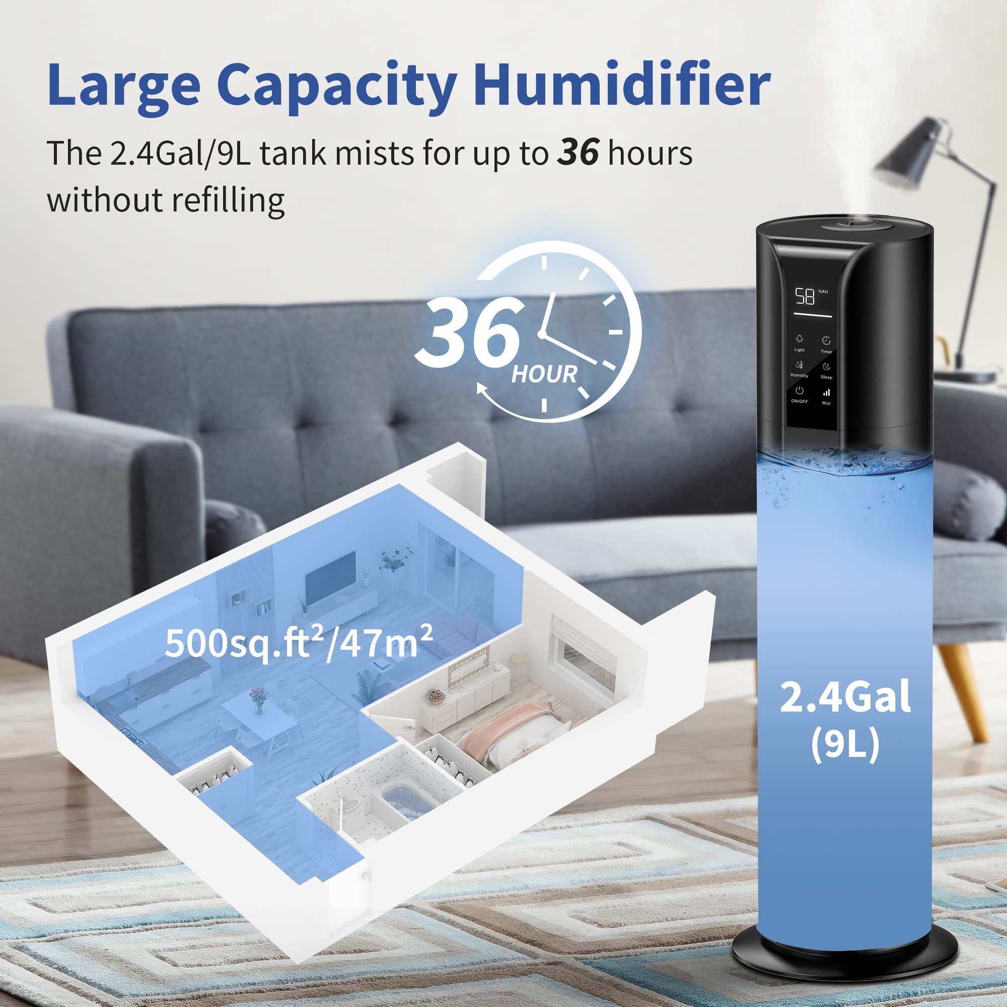 9L/2.4Gal Cool Mist Humidifier with Essential Oil Diffuser & Remote Control - Top Fill 360° Nozzle for Large Bedrooms, Baby Nurseries, Offices & Plants (Black) | Quiet Ultrasonic Air Moisturizer for Dry Skin, Allergies & Better Sleep