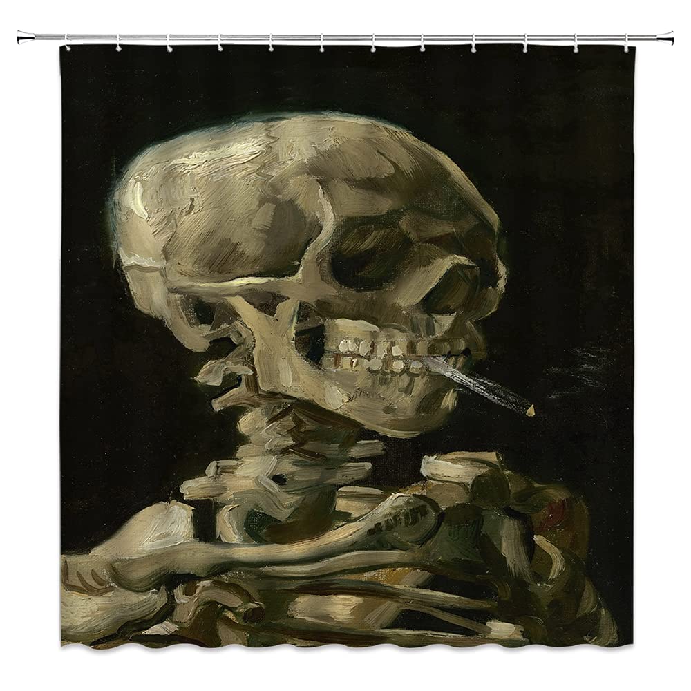 Van Gogh Smoking Skeleton Oil Painting Shower Curtain - Retro Impressionist Art Bathroom Decor with Hooks, Waterproof Polyester Fabric - Perfect for Vintage Style Bathrooms & Bathtub Aesthetics