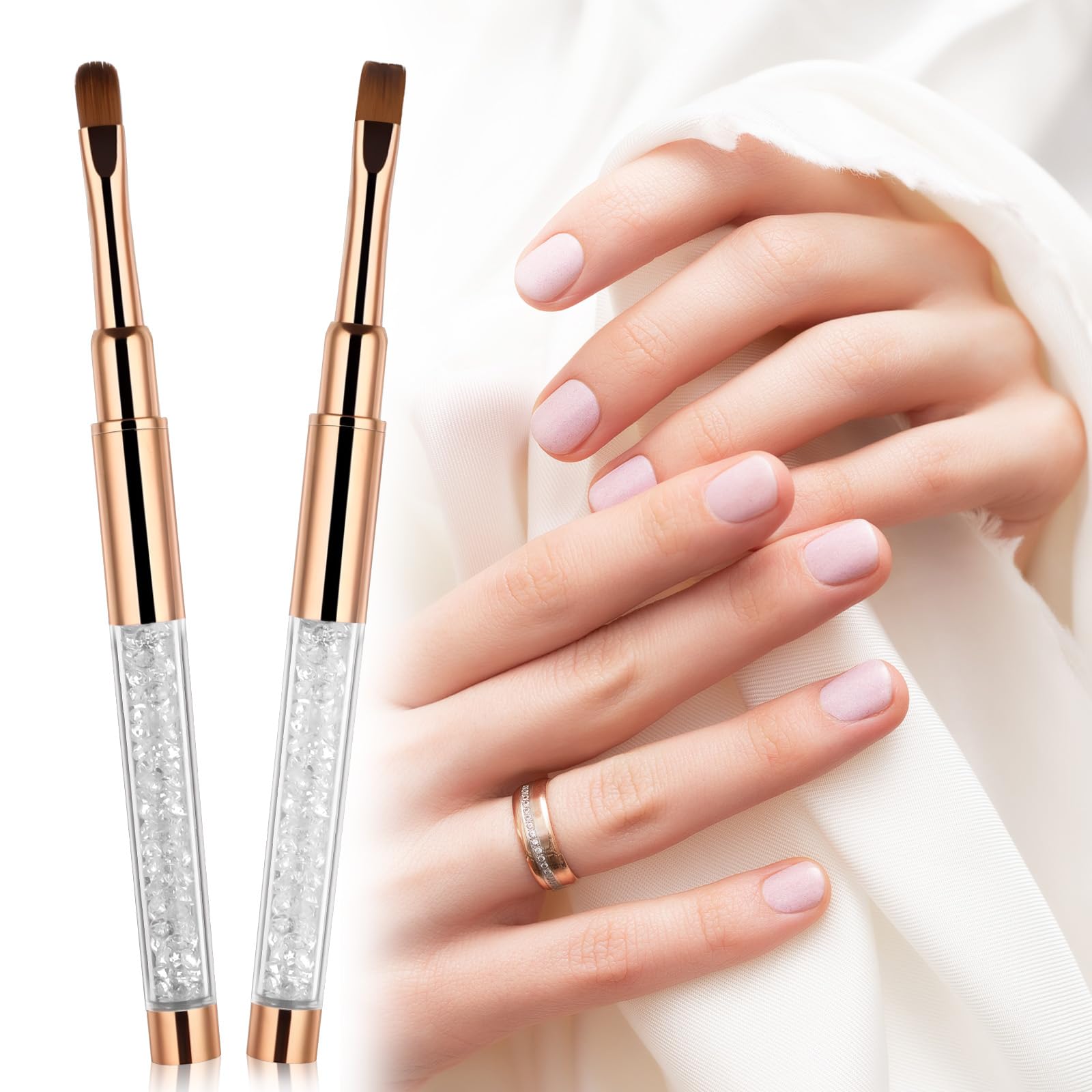 2 Pcs Professional UV Gel Nail Brushes Set - Oval & Flat Shape with Rhinestone Handle for Acrylic Nails Extension, Builder Gel Application and Nail Art Design | Perfect for Salon, Home Manicure & DIY Nail Art Projects