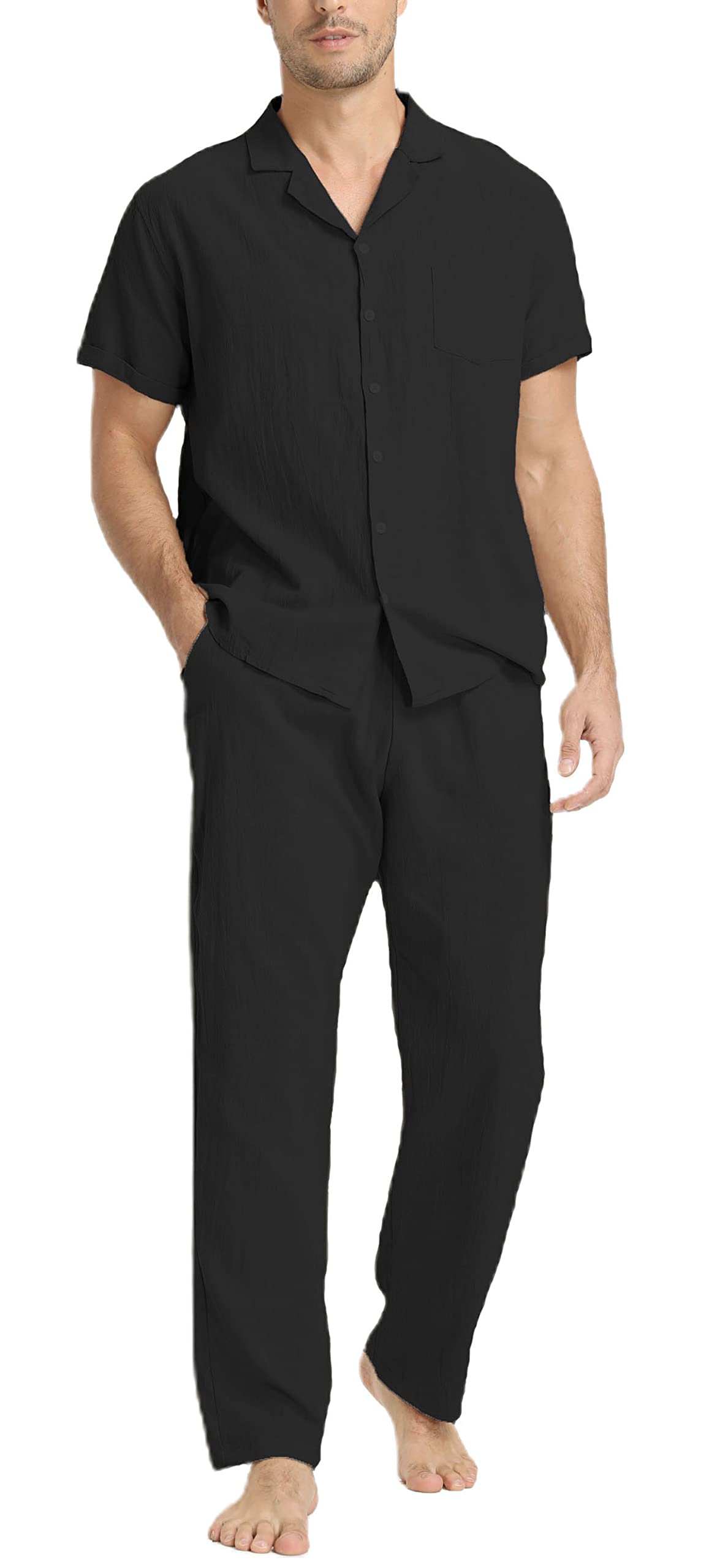 RPOVIG Men's Linen Shirt & Pants Set - 2 Piece Breathable Short Sleeve Shirt with Yoga Pants for Beach, Wedding & Casual Outfits | Summer Comfort Wear for Vacation & Relaxation