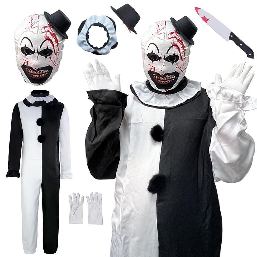 Clown Cosplay Costume Jumpsuit - Black & White Full Bodysuit Set with Mask for Halloween, Movie & Themed Parties | Perfect for Cosplay, Halloween Costumes & Costume Parties