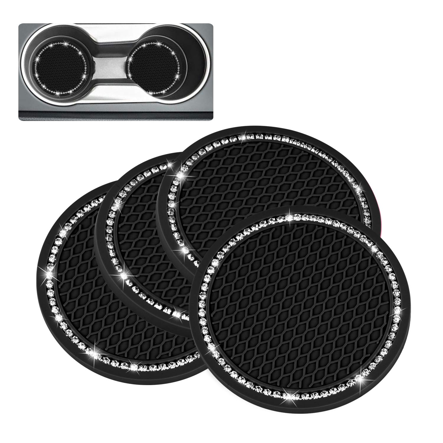 4 Pack Bling Car Coasters - Anti-Slip PVC Cup Holder Inserts with Crystal Glitter | Universal Fit for Most Vehicles | Car Interior Accessories for Women & Girls | Perfect for Coffee, Drinks & Beverages | by Cacturism, Black, 2.75