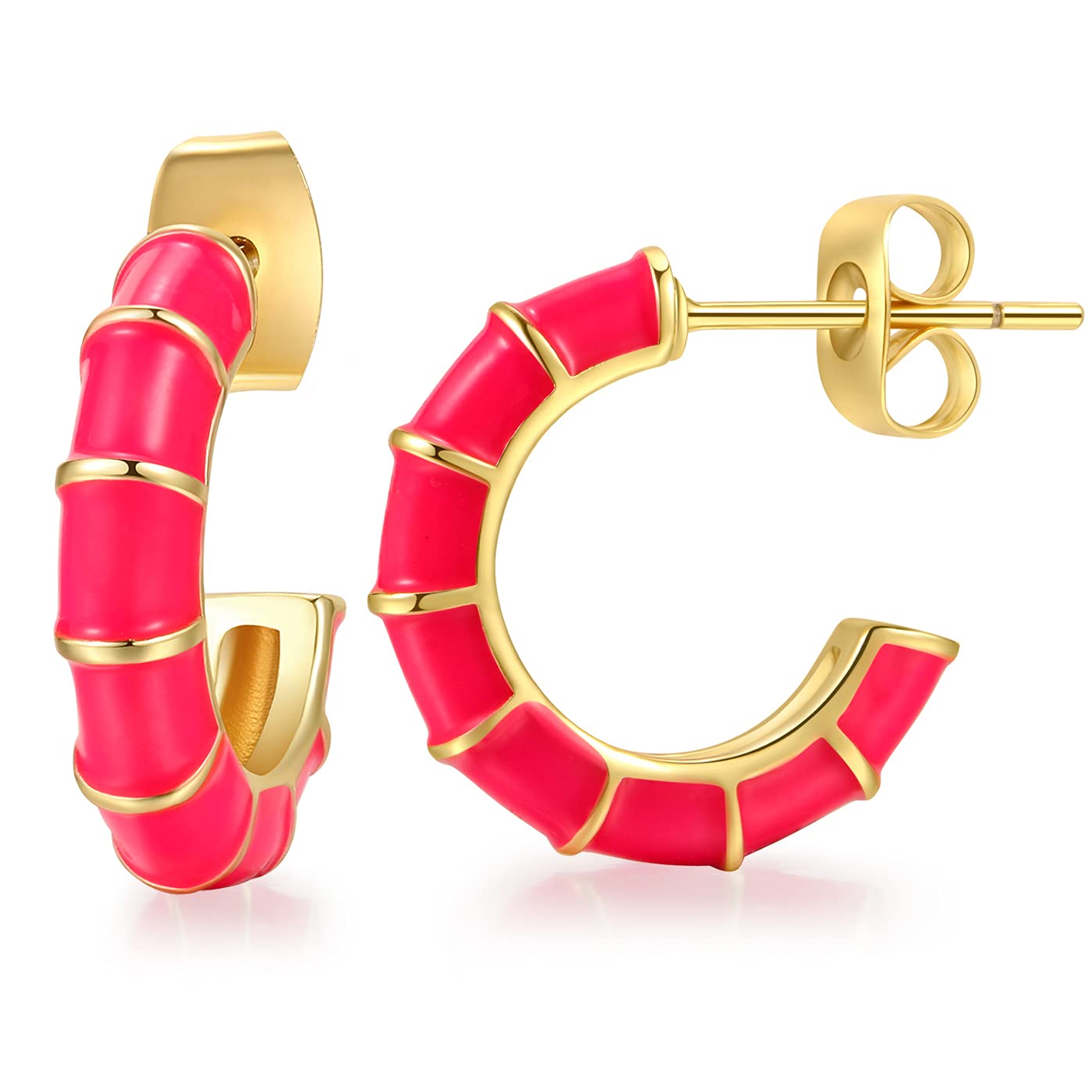 14K Gold Plated Enamel Bamboo Hoop Earrings for Women & Girls - Trendy Open Hoop Earrings for Everyday Wear, Parties & Gifts