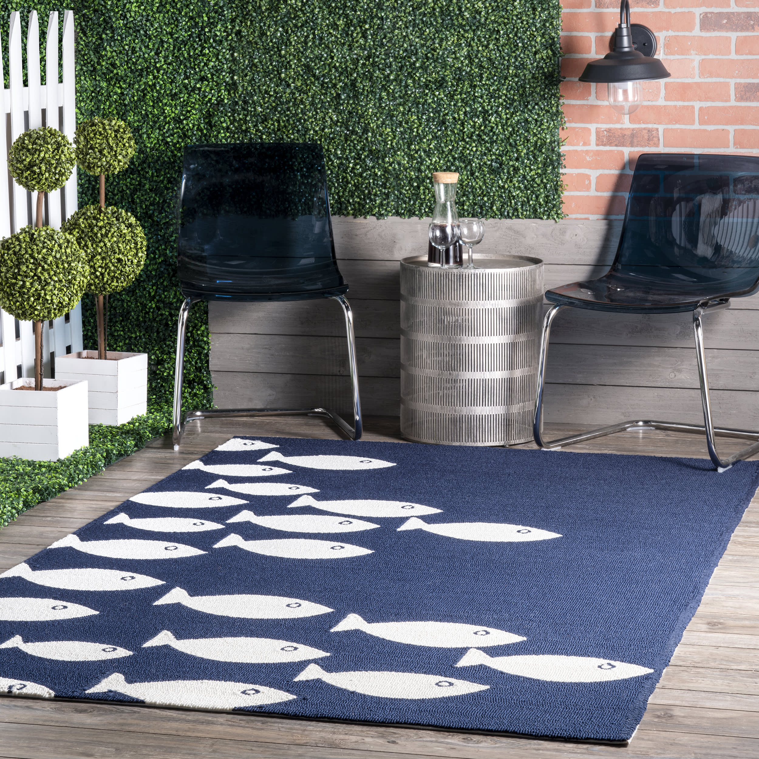 Non-Slip Navy Fish Print Indoor/Outdoor Rug - Waterproof & Durable Floor Mat for Patio, Deck, Poolside, Bathroom, or Kids Room Decor