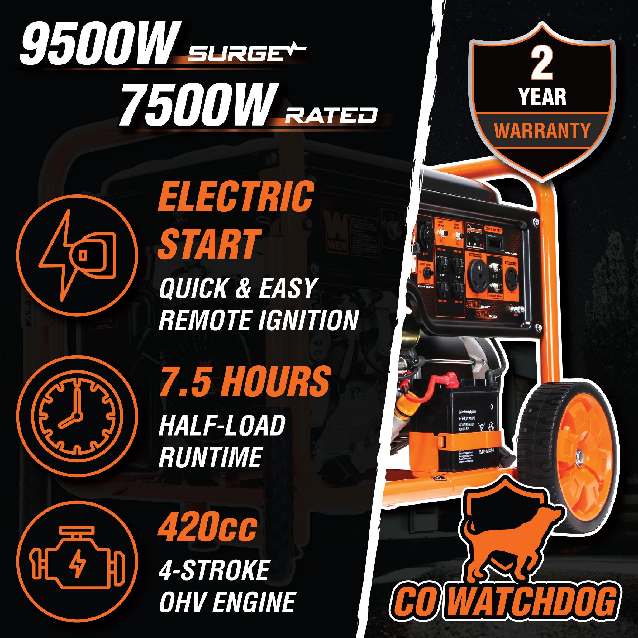 WEN GN9500X 9500-Watt 420cc Portable Generator with Transfer Switch - RV Ready 120V/240V, Remote Electric Start & CO Shutdown Sensor - Ideal for Home Backup Power, Camping & Emergency Use