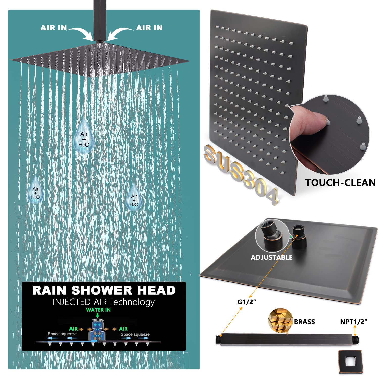 Enga Oil Rubbed Bronze Rain Shower System with Body Spray - 12 Inch Ceiling Rainfall Shower Faucet Complete Kit with 3-Way Diverter Valve | Luxury Bathroom Upgrade for Spa-Like Experience