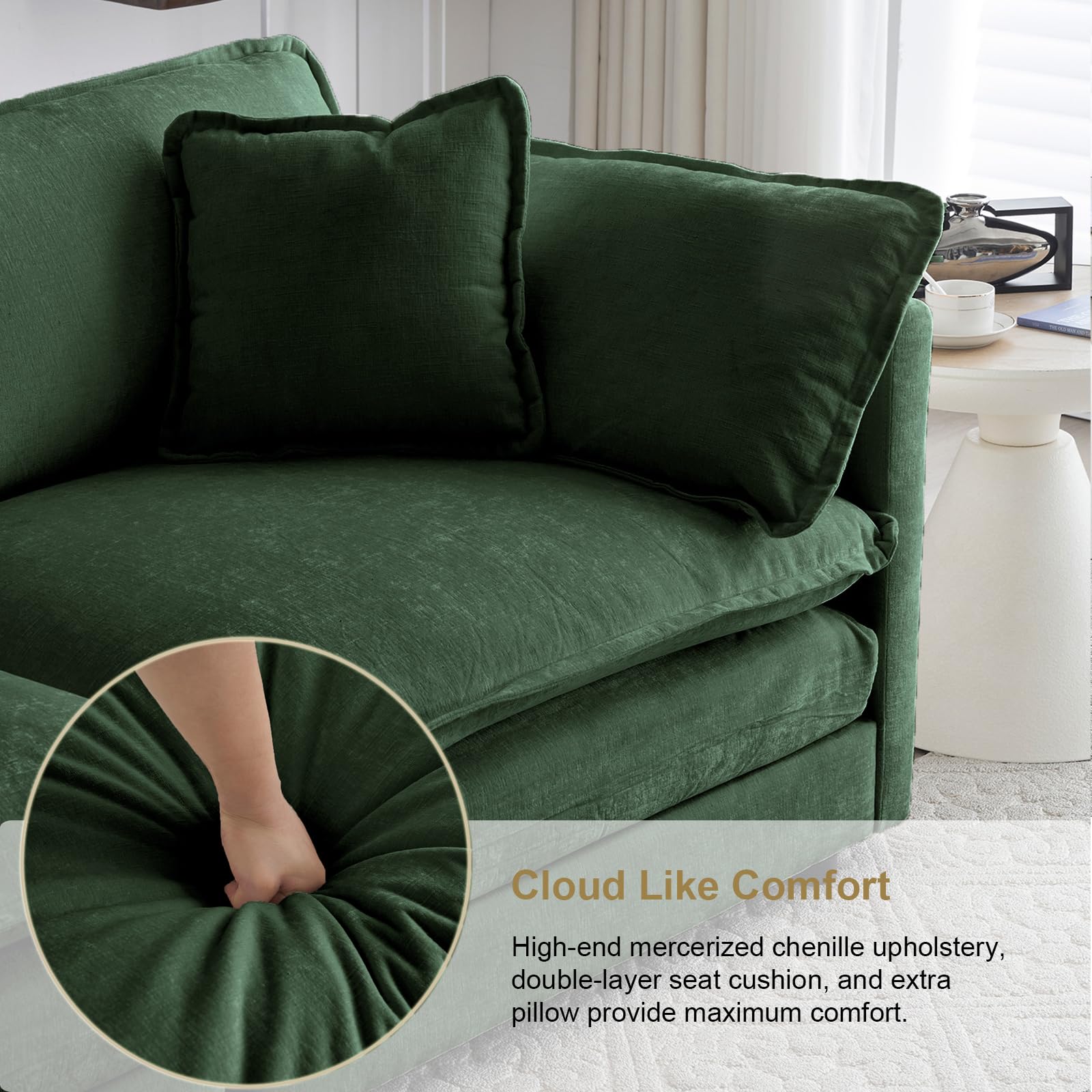 KIVENJAJA Oversized Chenille Single Sofa Chair - 41.4”W Modern Upholstered Accent Armchair with Deep Seat & Pillow - Green Comfy Living Room, Bedroom, Office & Apartment Furniture - Perfect for Relaxing, Reading & Small Space Decor