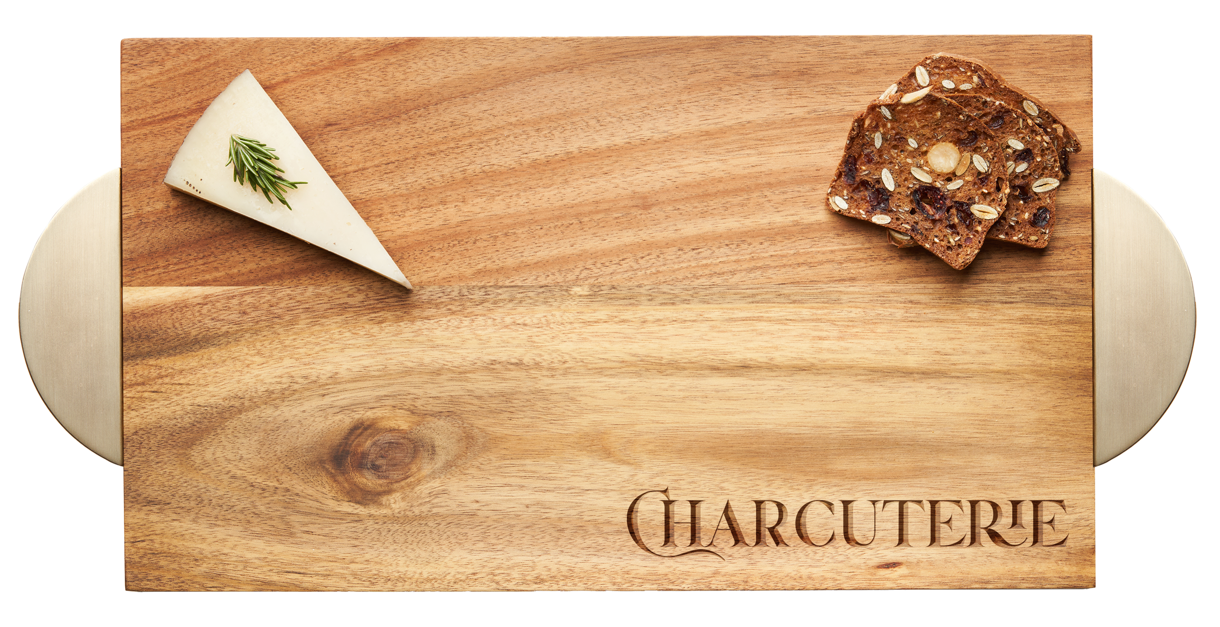 Modern Acacia Wood Rectangle Serving Board with Half Circle Gold Handles - Parisian Style Charcuterie Cheese Board (14