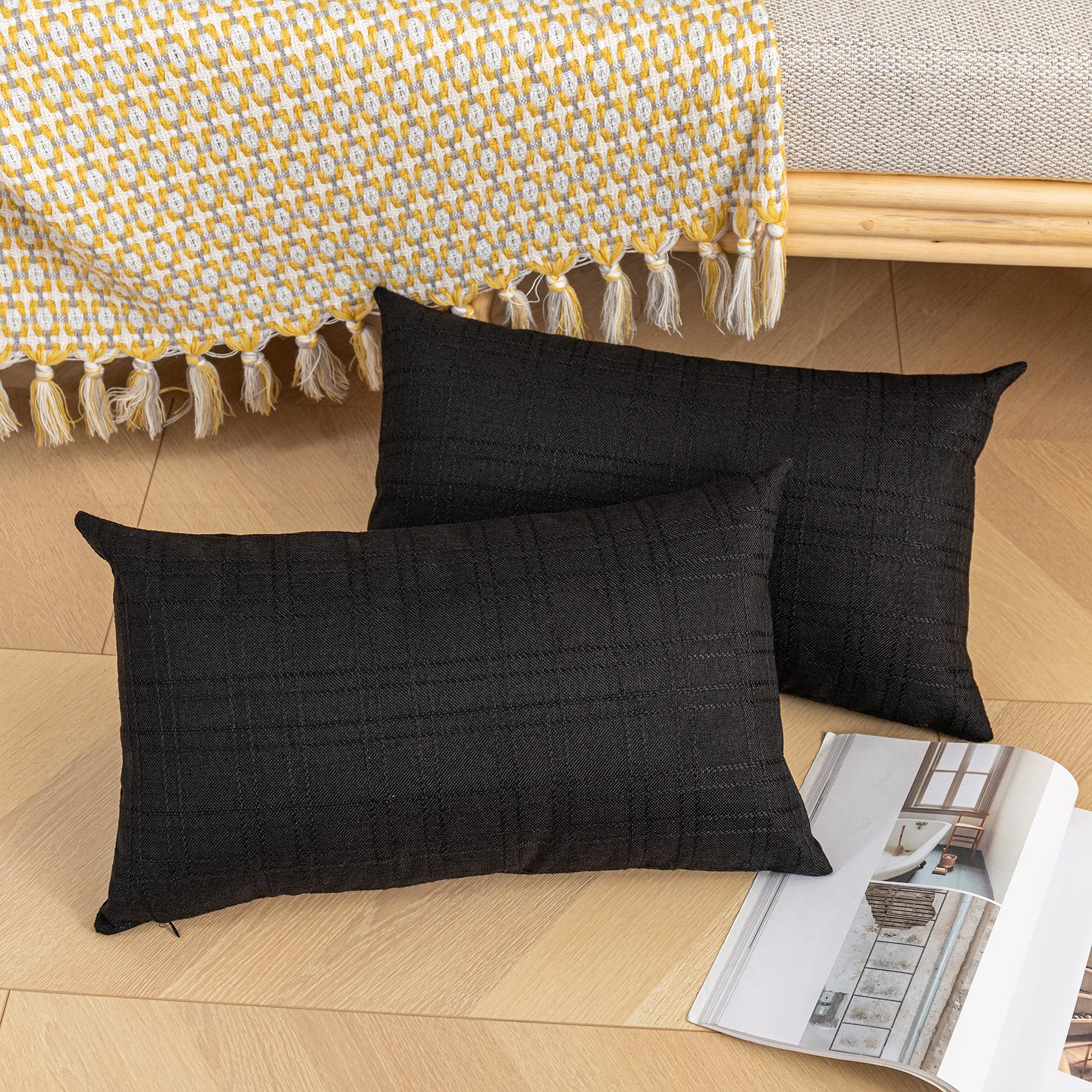 Kevin Textile 2-Pack Waterproof Outdoor Throw Pillow Covers - 12x20 Inch Black Checkered Lumbar Cushion Cases for Patio, Garden, Couch & Bench - Weather Resistant Decorative Pillow Protectors for All Seasons