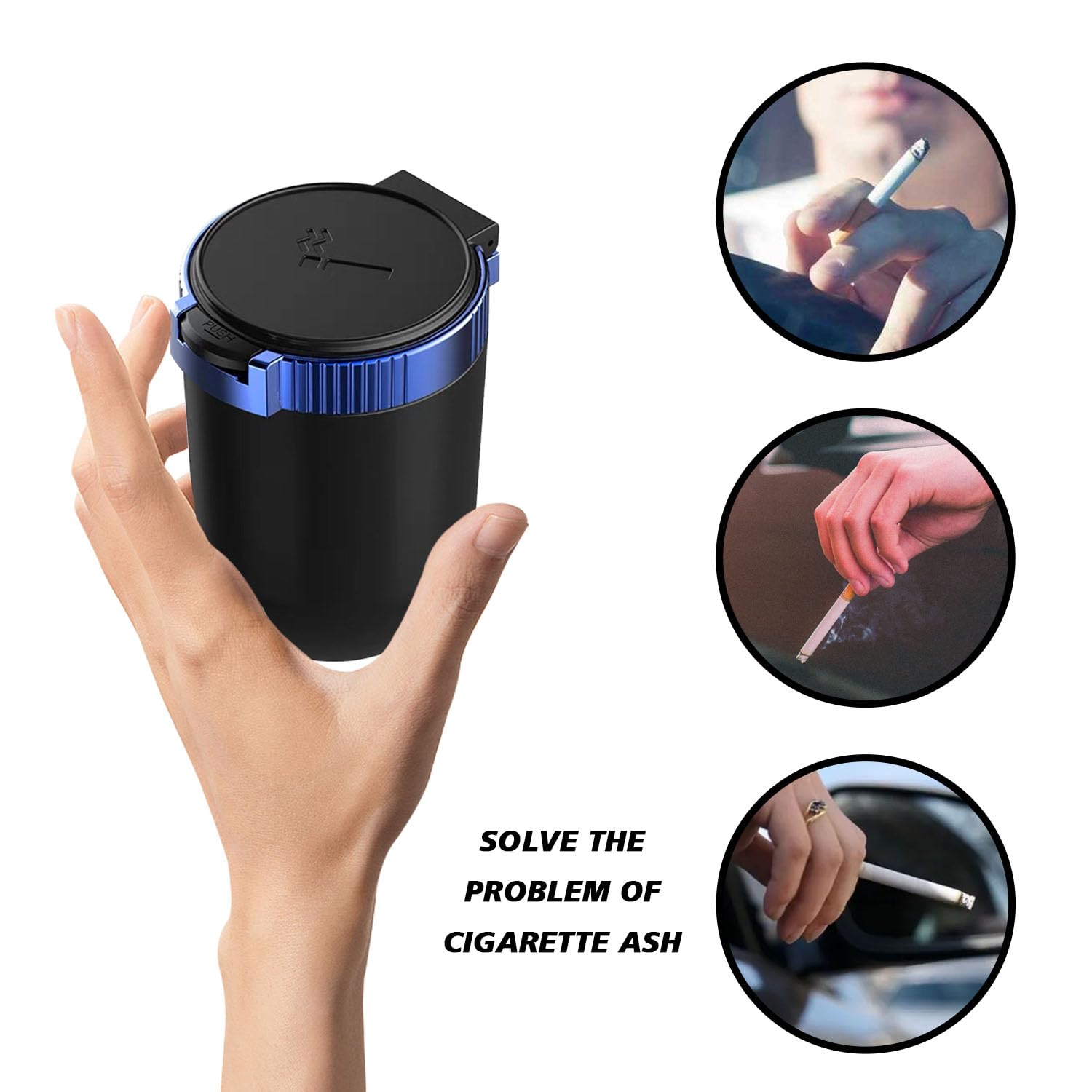 Smell Proof Car Ashtray with Lid - Portable Mini Car Trash Can with LED Blue Light, Removable Stainless Steel Cup Holder, Universal Car Interior Accessories (Blue) for Smoke-Free Driving Experience