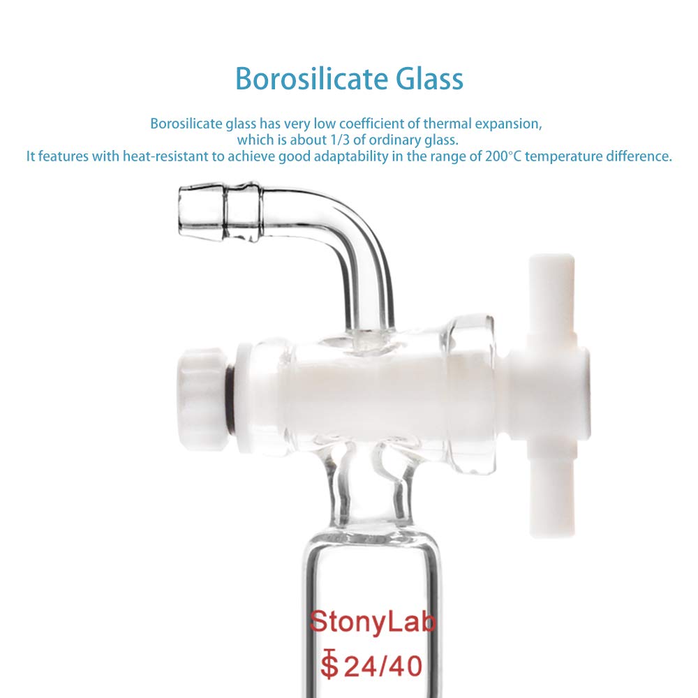 StonyLab PTFE Stopcock Vacuum Flow Control Adapter with 24/40 Joint & Bent Hose Connector - Perfect for Laboratory Vacuum Systems, Distillation Setups & Chemical Experiments