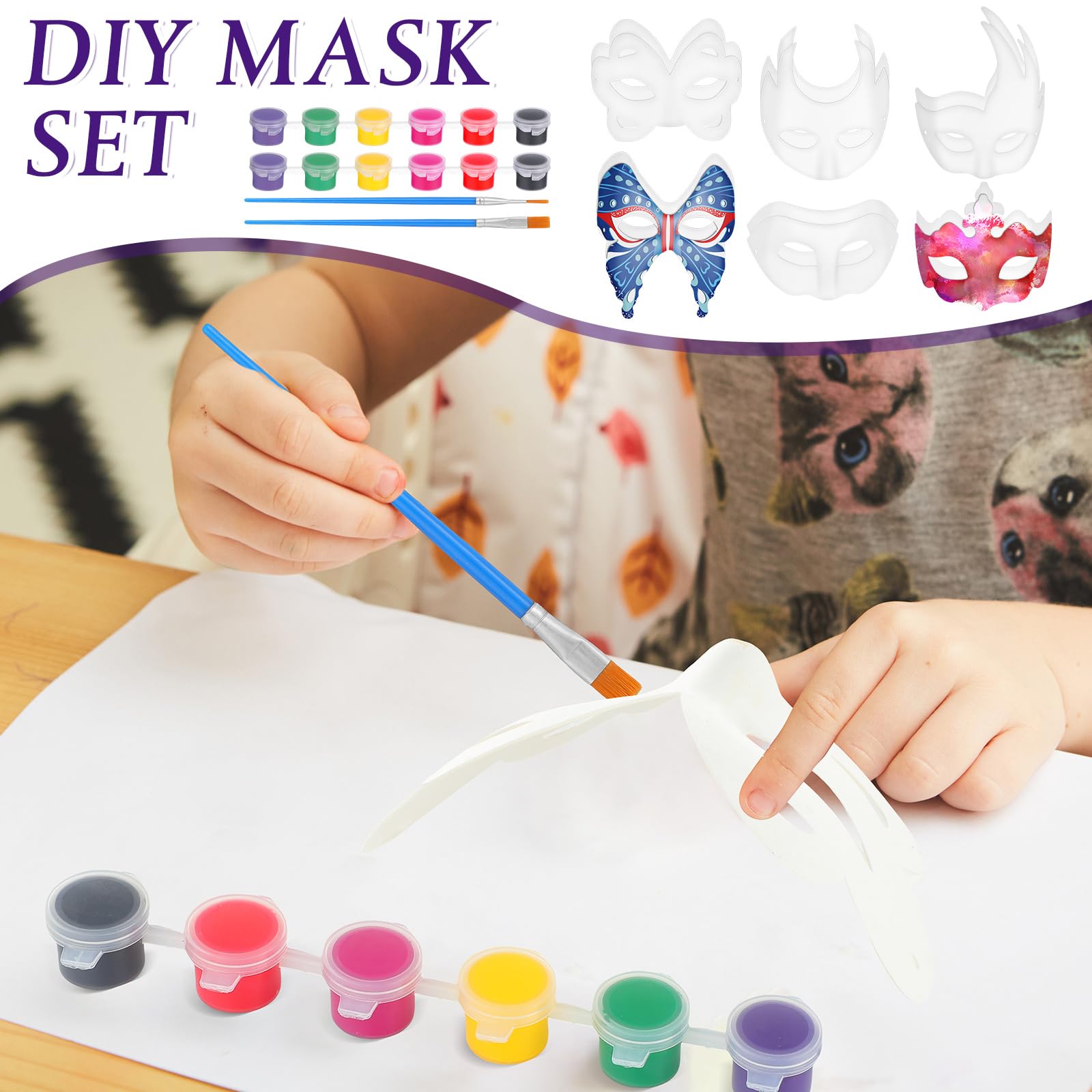 DIY Mardi Gras Mask Decorating Kit - Blank Paper Masks with Paint, Feathers, Acrylic Gems for Costume Party & Carnival Celebrations
