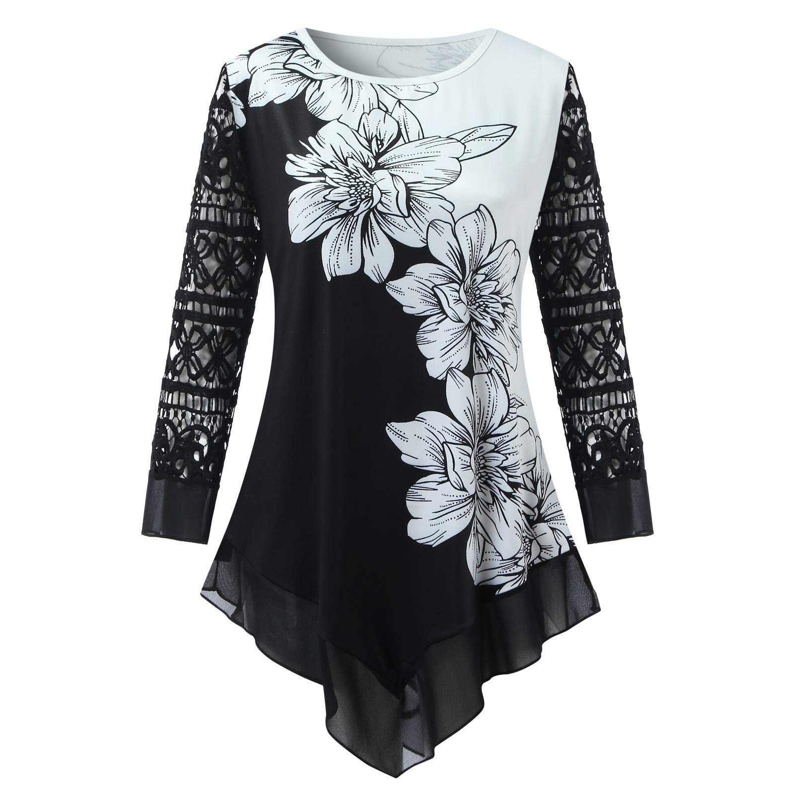 Elegant Women's Lace T-Shirt with Floral Print & O-Neck Design - Casual Loose Sleeve Blouse for Work, Date Night & Special Occasions (White, XXXL)