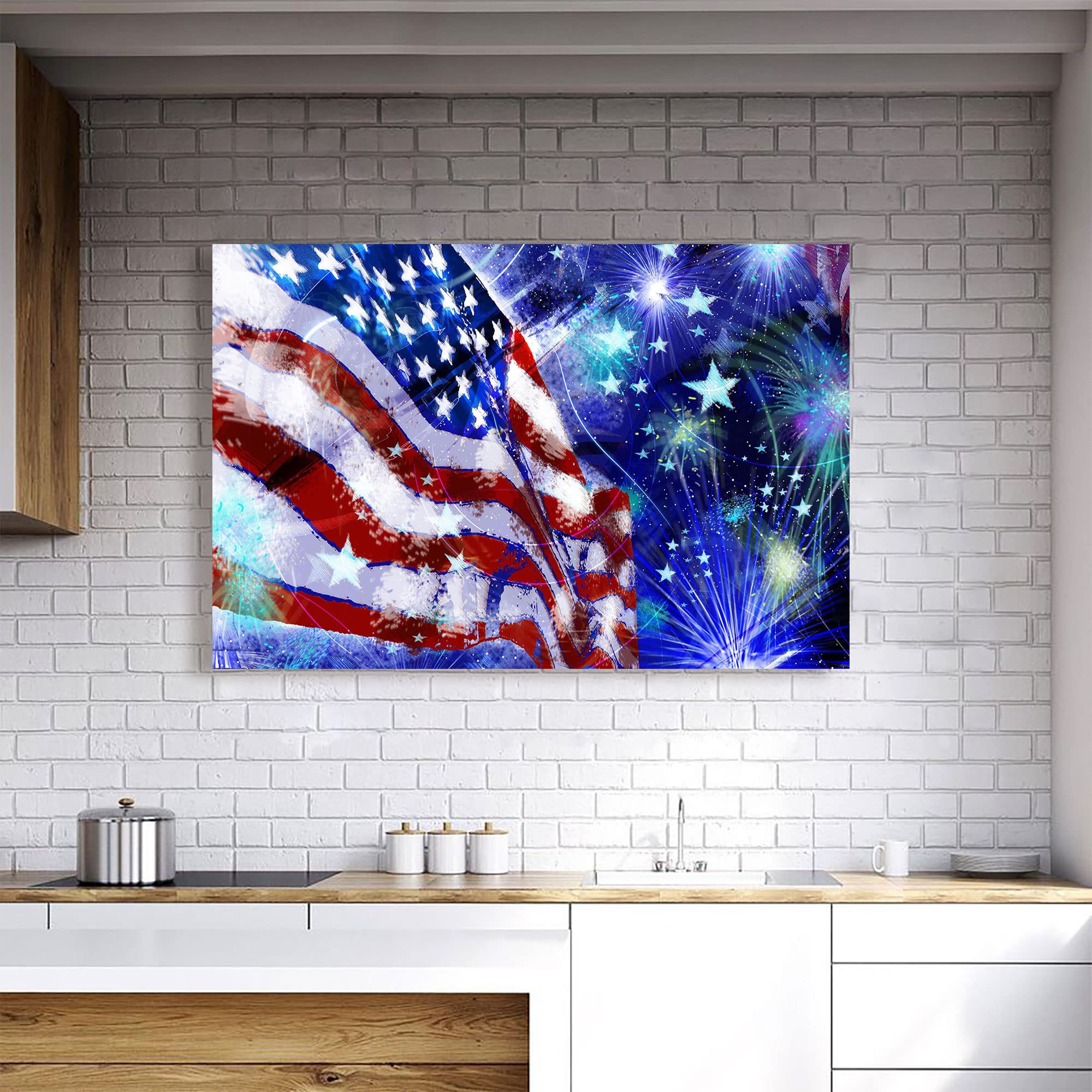 American Flag & Fireworks Canvas Wall Art - Framed Home Decor for Bedroom, Living Room, Kitchen & Bathroom - Ready to Hang 11x17 Inches - Perfect for Patriotic Holidays, Office Decor & Gift Giving