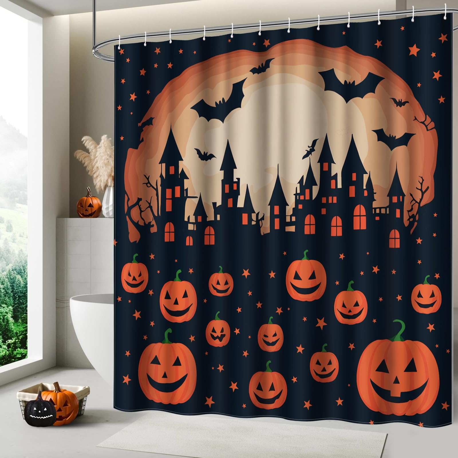 Halloween Pumpkin Shower Curtain Set - 72x72 Inch Skeleton & Skull Jack-O-Lantern Design - Waterproof Bathroom Decor for Bathtub or Shower - Perfect for Halloween Party, Spooky Bathroom Makeover & Seasonal Home Decoration
