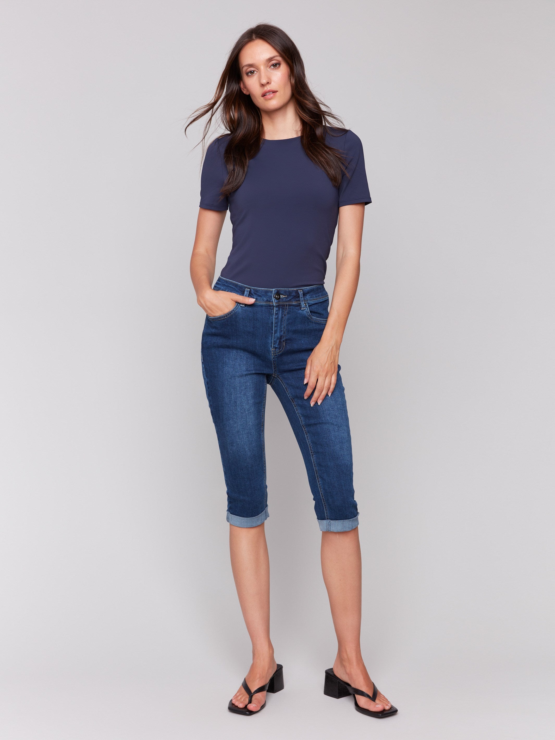 Stretch Denim Pedal Pushers for Women - Comfortable High Waist Indigo Capri Pants - Perfect for Casual Wear, Work, and Outdoor Activities