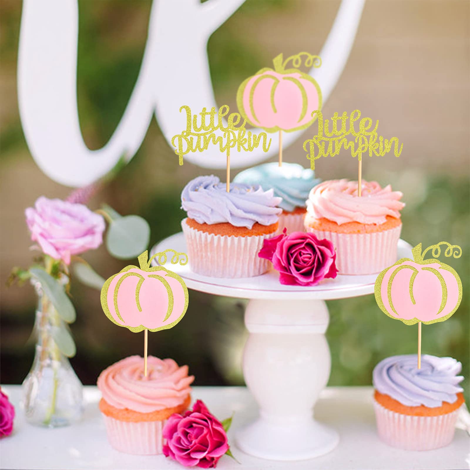24 Pack Pink Pumpkin Cupcake Toppers - Adorable Baby Shower Decorations, Birthday Party Supplies, Gender Reveal Cake Decor - Perfect for Halloween, Fall Celebrations & Themed Desserts