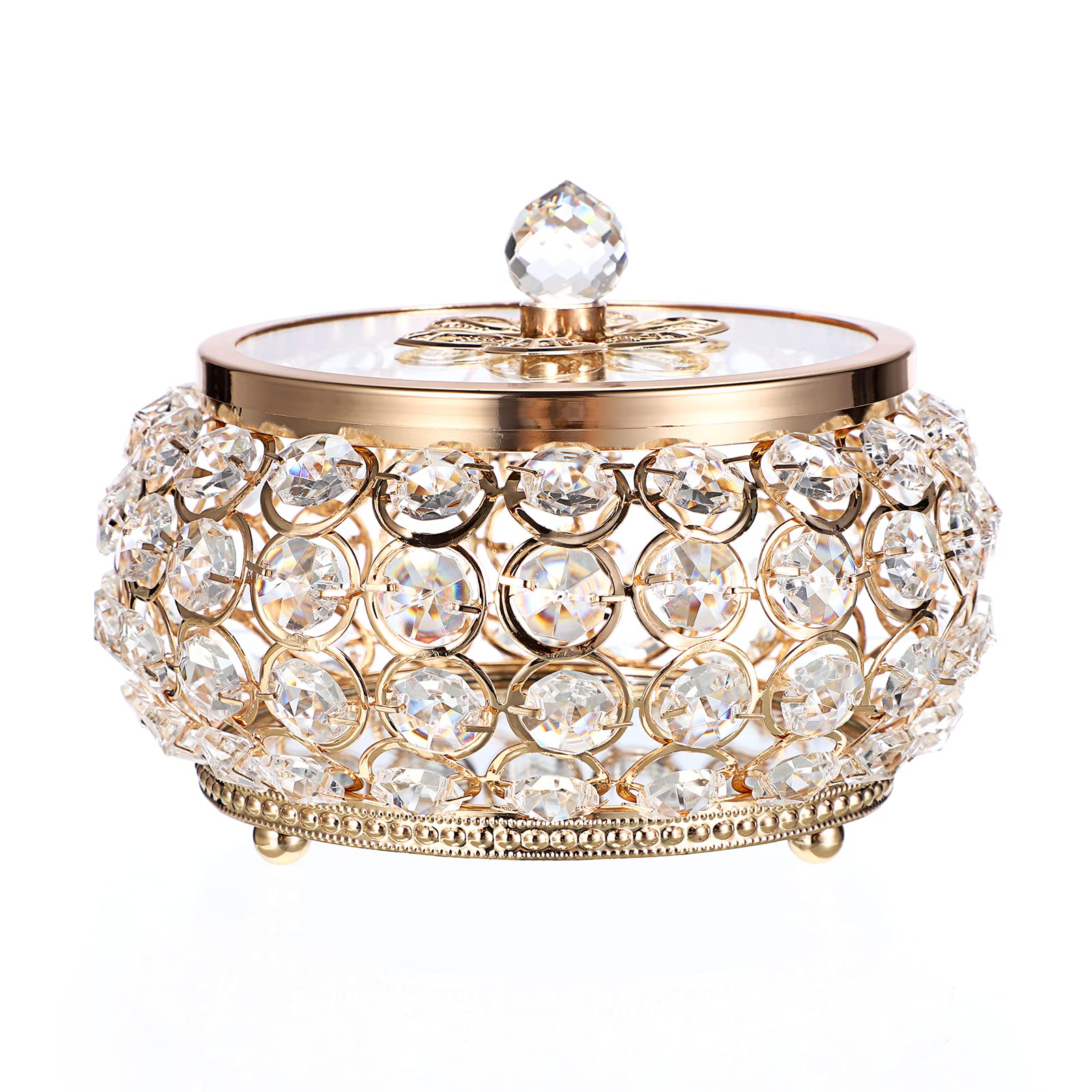 Hipiwe Large Gold Mirrored Jewelry Box with Glass Lid - Crystal Decorative Storage Box for Rings, Earrings, Necklaces - Perfect Gift for Women & Girls - Ideal for Vanity, Dresser, and Travel Organization
