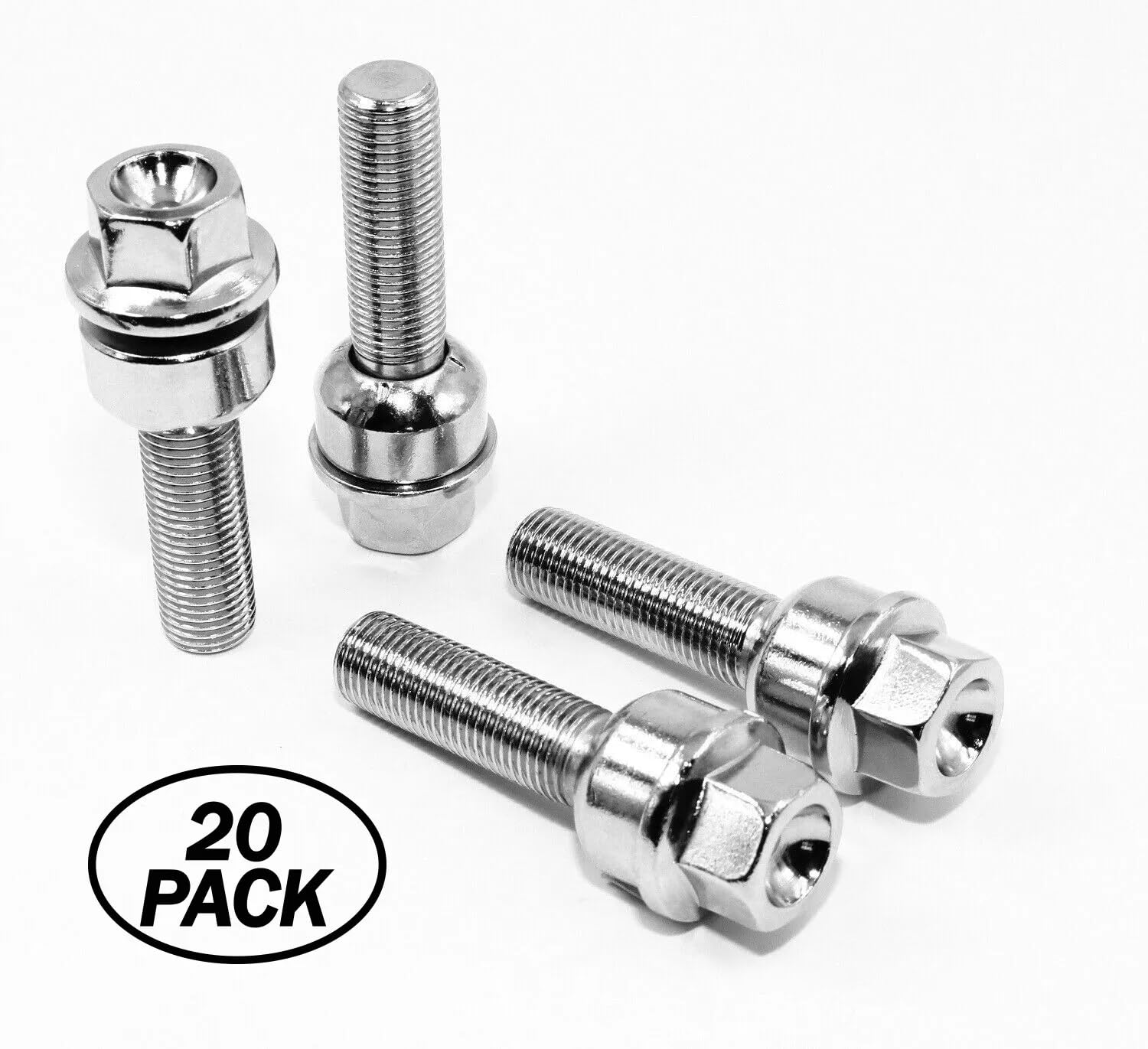 Porsche Lug Bolts 14x1.5mm Set of 20 - Chrome Ball Seat Washers for Factory Wheels & Performance Tires