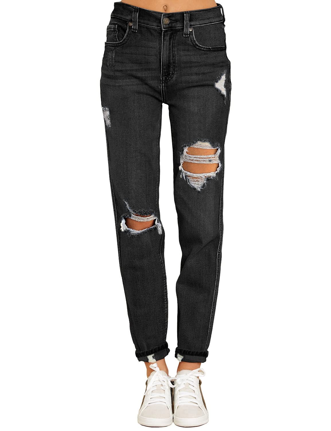 LookbookStore Women's High Waisted Ripped Boyfriend Jeans - Distressed Stretch Denim Mom Jeans for Casual Wear & Street Style Fashion
