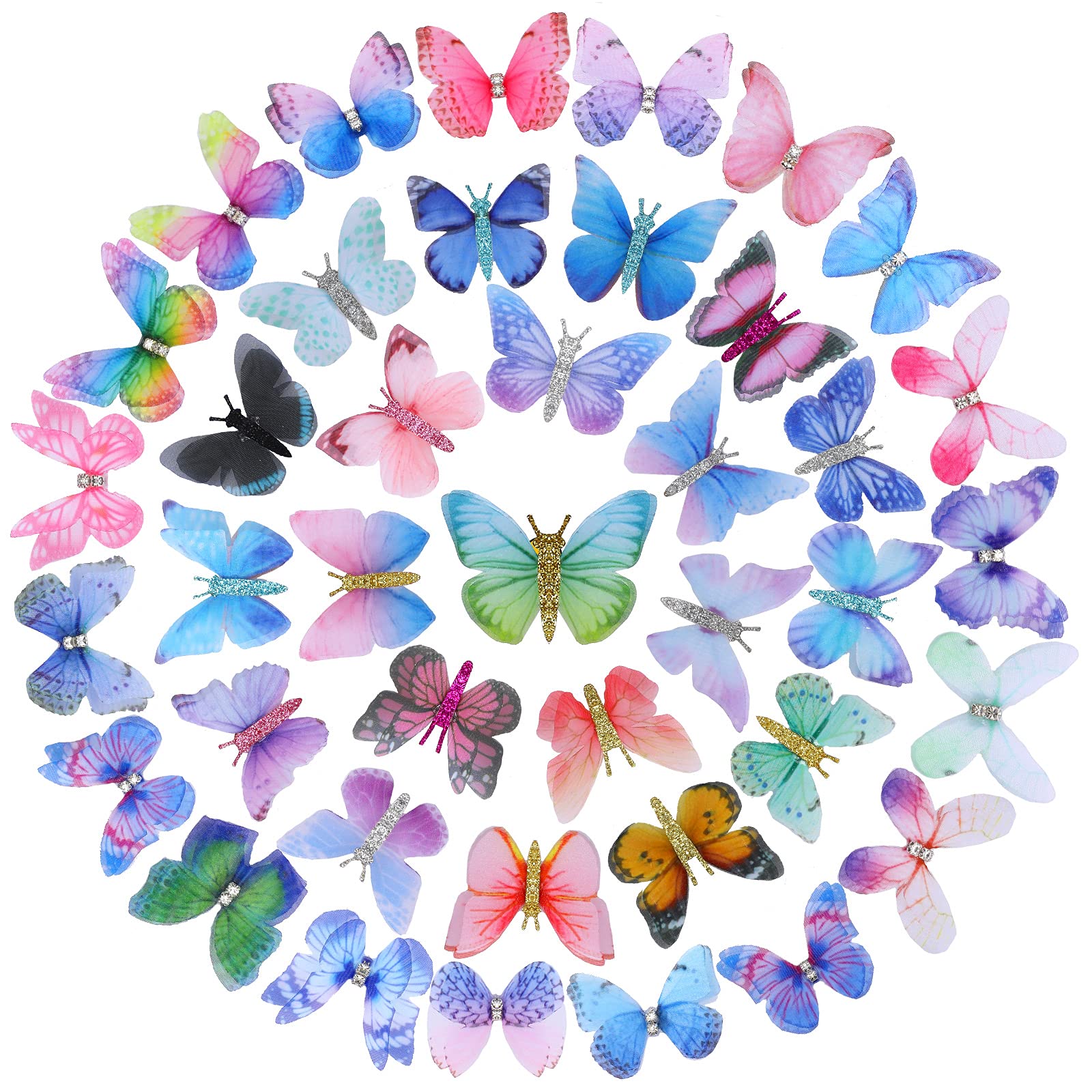 80-Piece Colorful 2-Layer Rhinestone Glitter Organza Butterfly Embellishments - 3D DIY Craft Decor for Wedding, Wall, Scrapbooking & Party Decorations | Perfect for Home Decor, Gift Wrapping & Event Styling