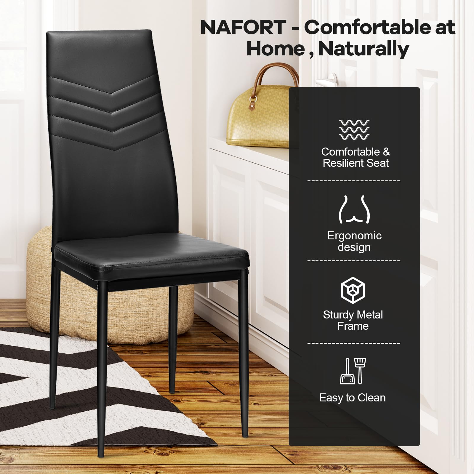 NAFORT 4-Piece High Back Dining Chairs Set - PU Leather Upholstered Kitchen & Restaurant Chairs with Solid Metal Frame - Comfortable for Dining Room, Living Room & Commercial Use - Perfect for Home, Office and Hospitality Settings