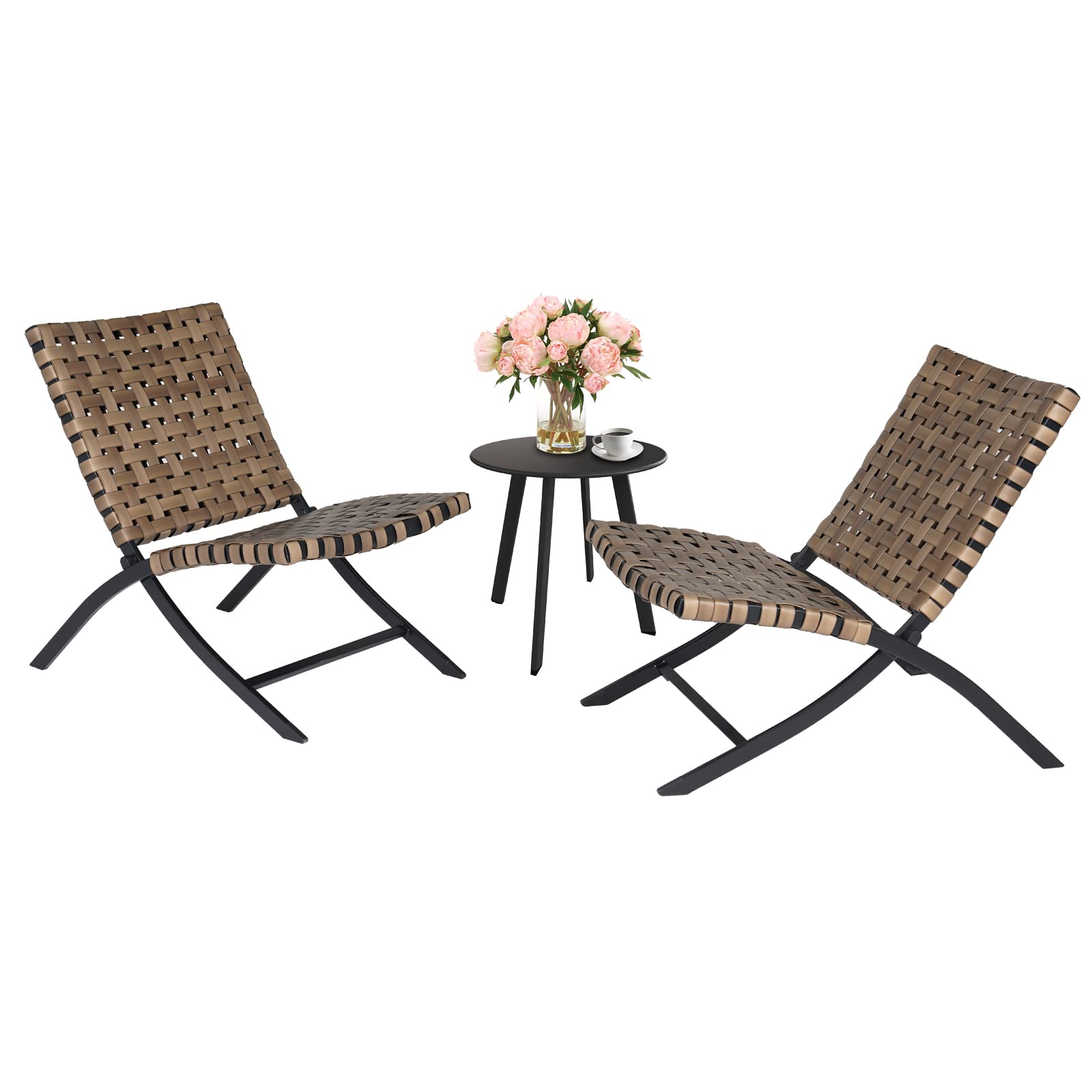 Premium 3-Piece Outdoor Folding Adirondack Chair Set - Weather-Resistant Rattan Patio Furniture with Coffee Table for Balcony, Lawn, Porch & Garden - Tobacco Brown - Perfect for Relaxing, Entertaining & Outdoor Decor