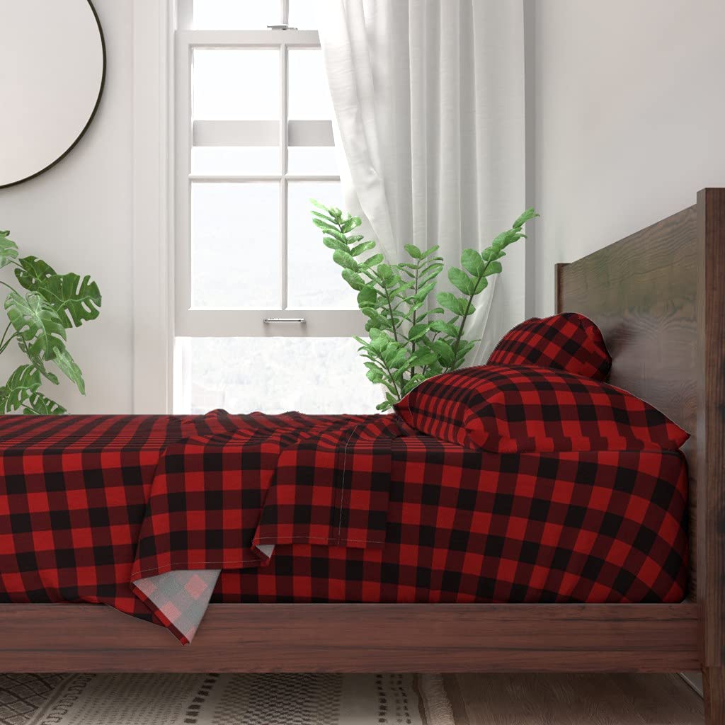 100% Cotton King Size 4-Piece Sheet Set - Buffalo Plaid Red Check Rustic Cabin Lumberjack Woodland Print Custom Bedding | Soft Breathable Sheets for Cozy Cabin, Farmhouse & Lodge Decor