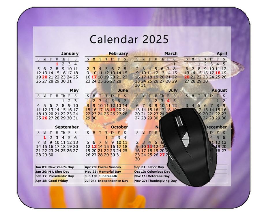 2025 Calendar Mouse Pad with Bee & Flower Pollination Design - Non-Slip Rubber Desk Mat for Office, Gaming & Home Computer Use