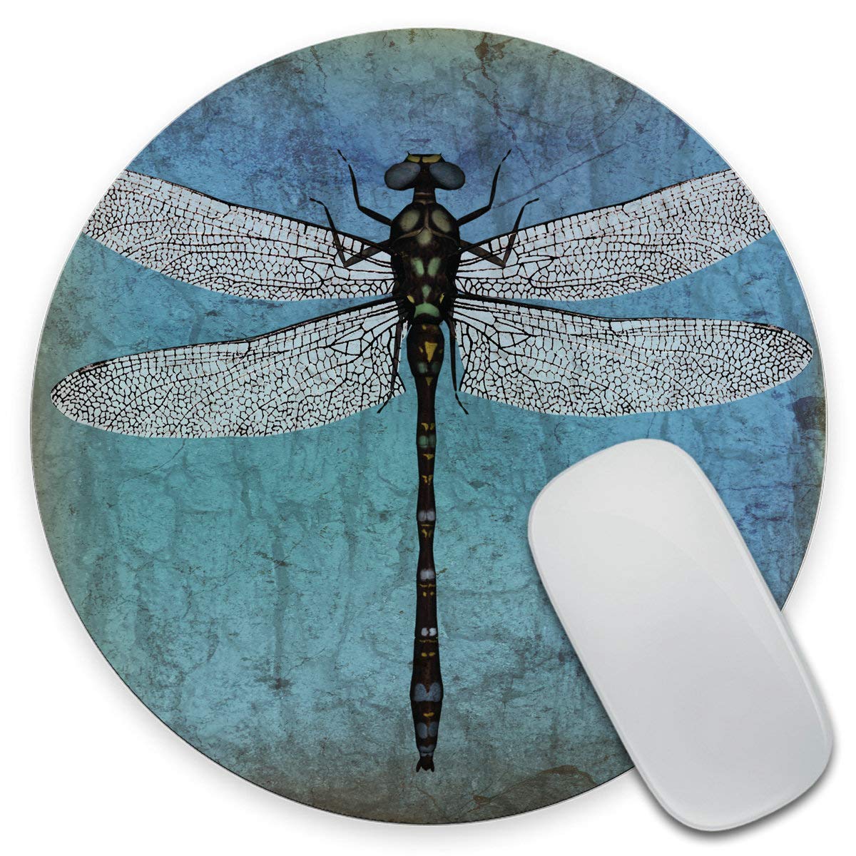 Vintage Dragonfly Blue Grunge Mouse Pad - Non-Slip Rubber Base Office Desk Mat, 7.9 x 7.9 Inches Small Round Mousepad with Artistic Wing Design - Perfect for Gaming, Work & Home Office Use