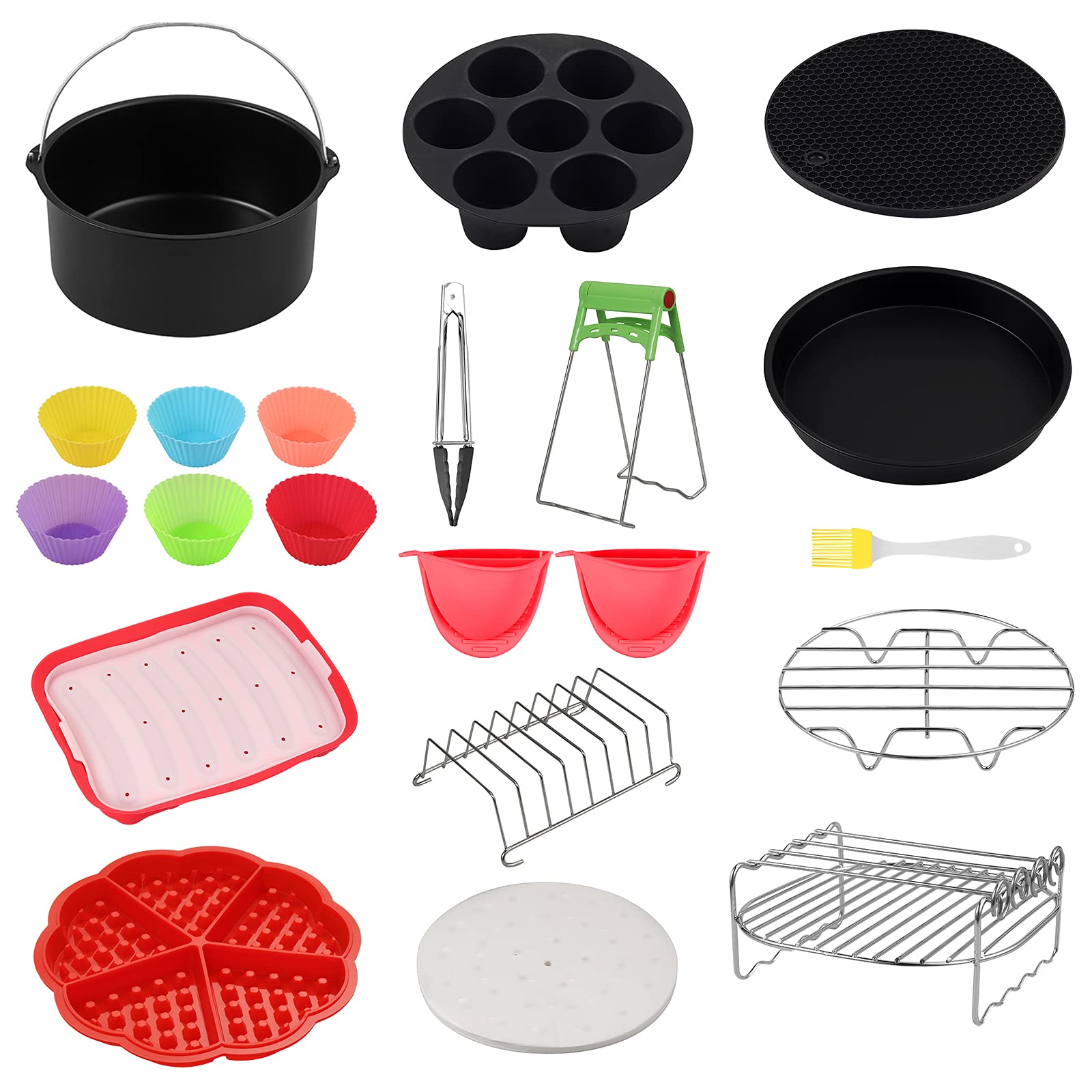 HOMGEN 16-Piece Air Fryer Accessories Kit - 8 Inch Non-Stick Universal Air Fryer Basket Liners & Accessories for 4.5QT-6.8QT Air Fryers - Perfect for Roasting, Baking & Frying Healthy Meals