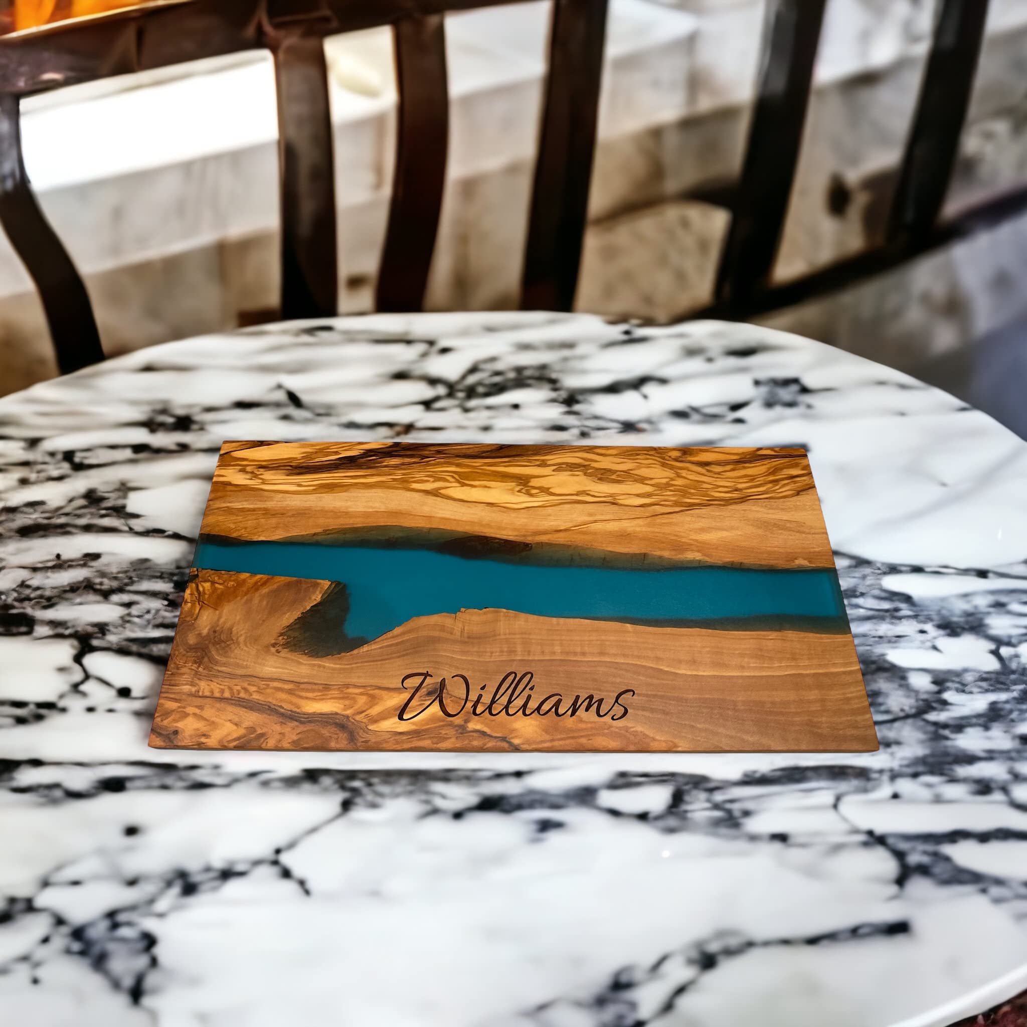 Handmade Personalized Olive Wood and Resin Charcuterie Board - Unique Wedding, Engagement, Anniversary & Housewarming Gift (Elegant Blue) - Perfect for Cheese Platters, Charcuterie Displays & Entertaining Guests