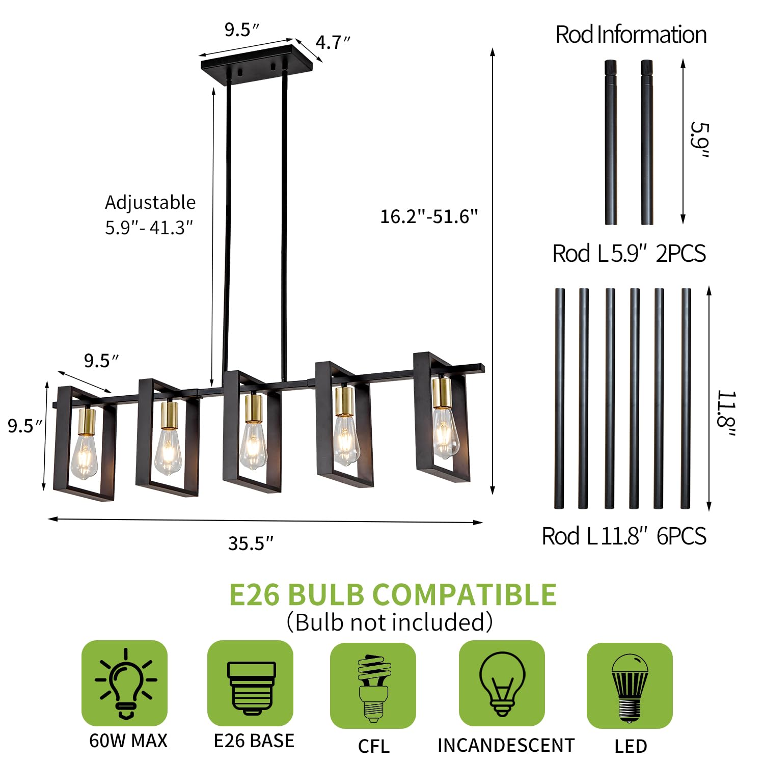 Rustic Farmhouse Wood Chandelier - 5-Light Black Kitchen Island Pendant Lighting, Adjustable Height 41.3