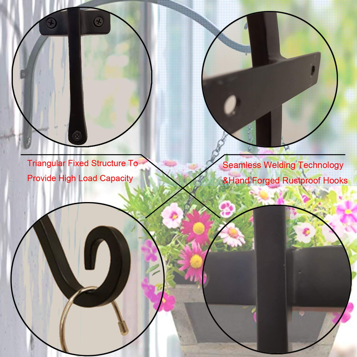 16 Inch Black Heavy Duty Iron Plant Hook - Rust-Resistant Outdoor Hanging Basket Hook with Screws Included for Plants, Lanterns & Wind Chimes - Perfect for Garden, Patio, Balcony and Porch Decor