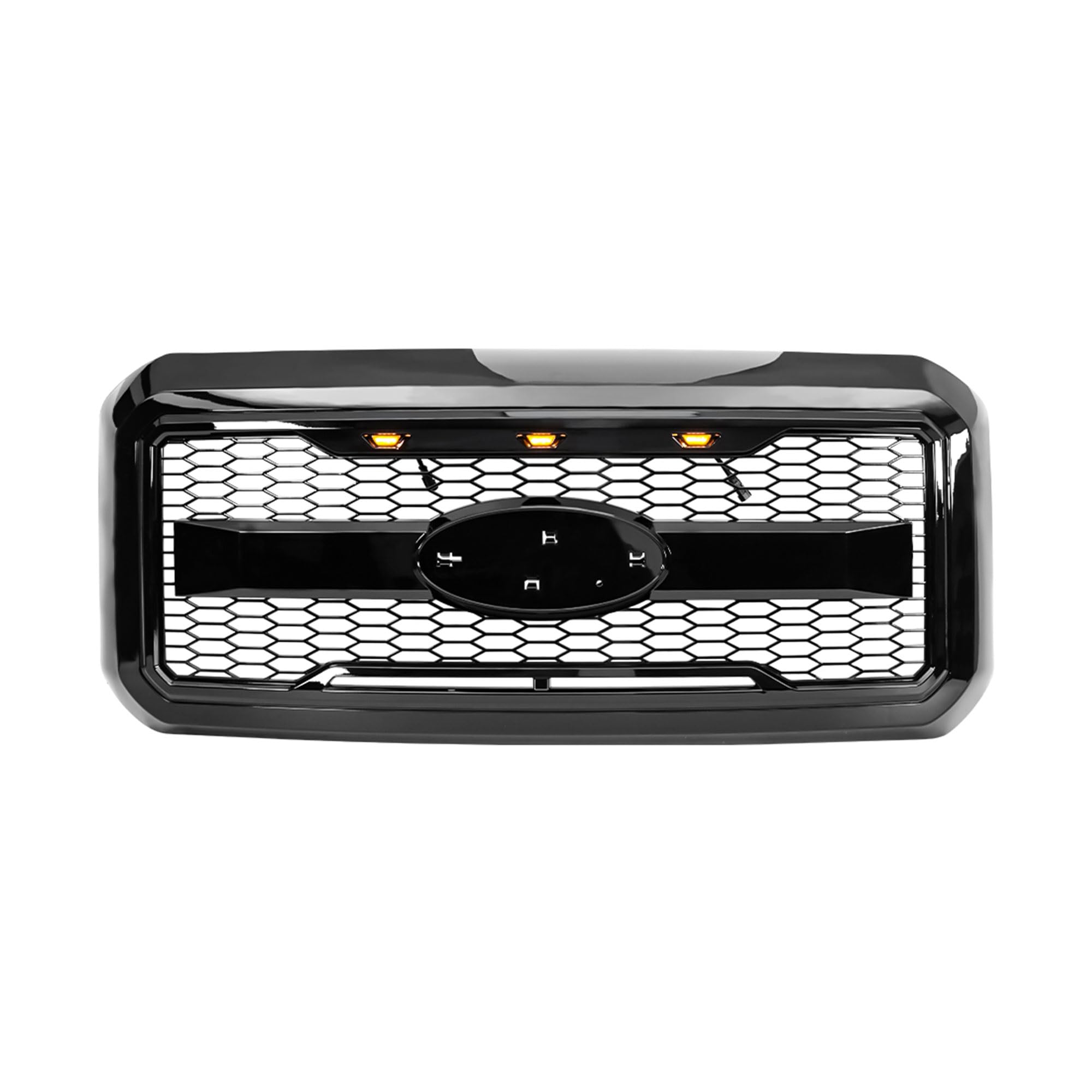 **2011-2016 Ford F250 F350 F450 F550 Raptor Style Front Grille with Amber LED Lights & Emblem Base - Glossy Black | Off-Road & Truck Customization Upgrade**    *(Use Case: Enhance your Ford Super Duty truck's aggressive look and visibility with this durable Raptor-style grille, perfect for off-roading, truck shows, or daily driving.)*