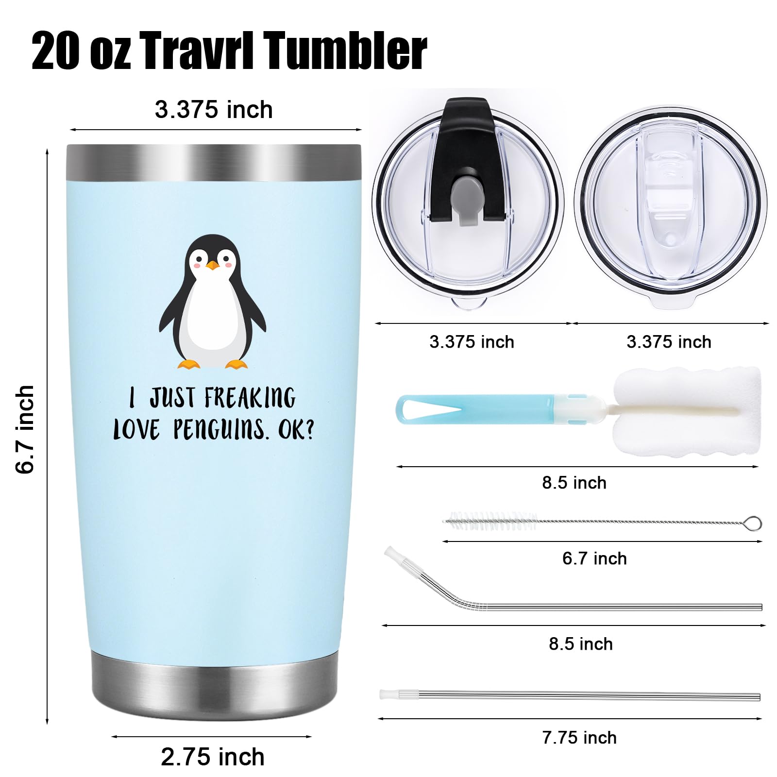 LiqCool 20oz Stainless Steel Tumbler with Lid & Straw - Cute Penguin Design Gift for Women & Men - Perfect Christmas, Birthday Present for Penguin Lovers - Light Blue Insulated Cup for Coffee, Tea & Cold Drinks at Home, Office or Travel
