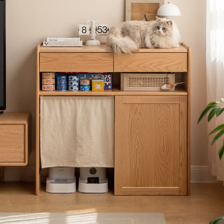 Solid Oak Wood Side Cabinet with Cat Pet Supplies Storage - Perfect for Living Room, Bedroom, or Entryway Organization - Compatible with Robot Vacuum Cleaners