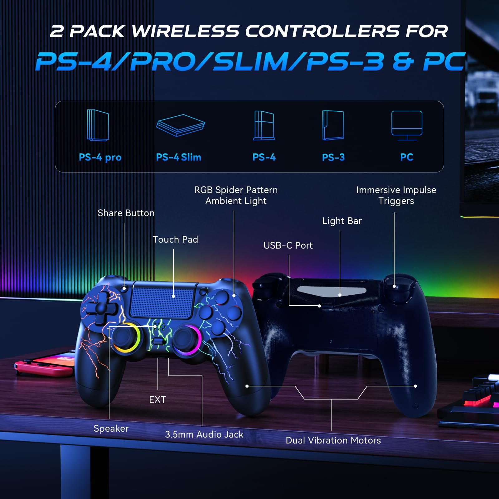 PS4 Wireless Controller 2-Pack - RGB LED, Hall Effect Joystick, Dual Vibration for Gaming on PS4/Slim/Pro/PC