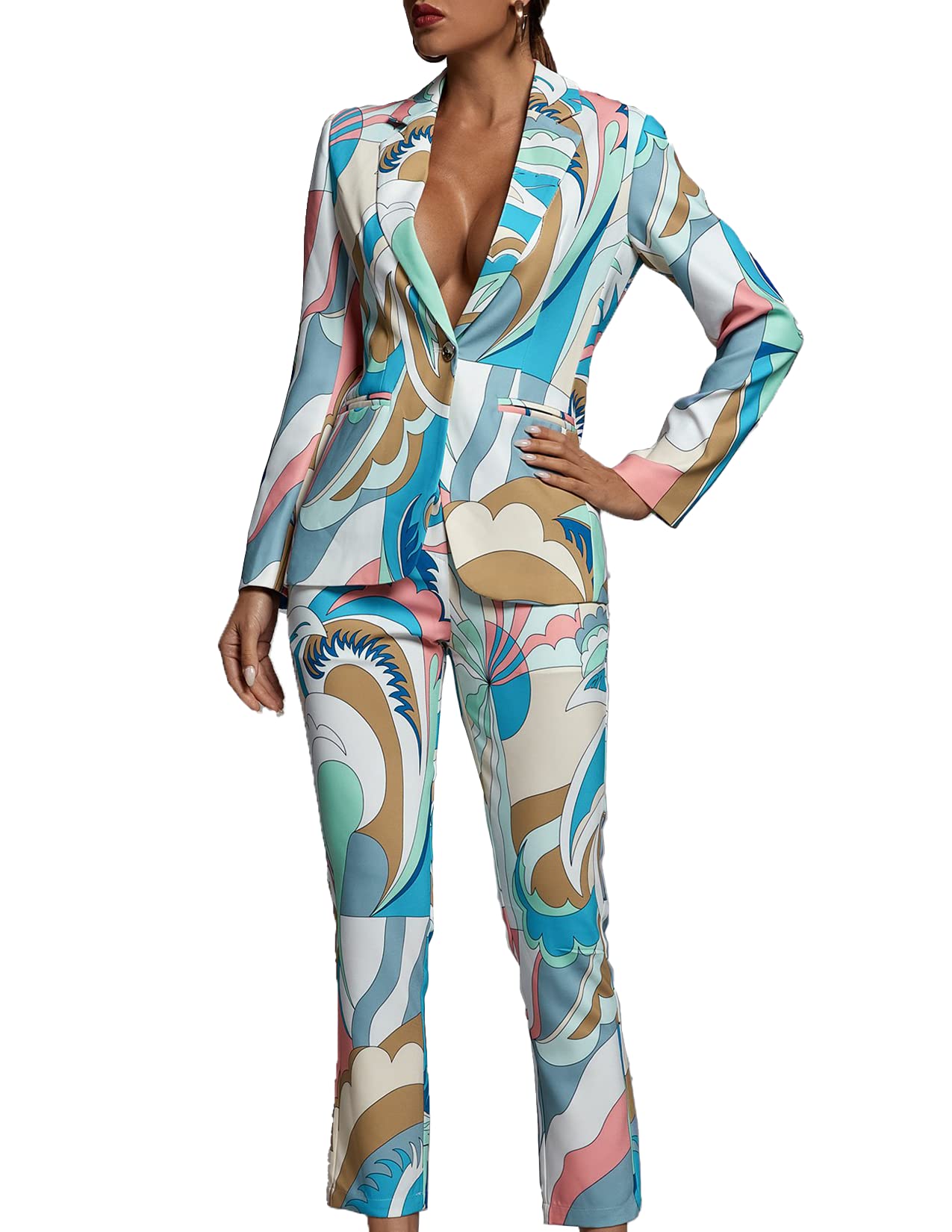 Trendy Women's Printed Blazer Pantsuit Set - 2 Piece Business Casual Outfit for Office, Meetings & Special Events | Elegant Blazers for Women