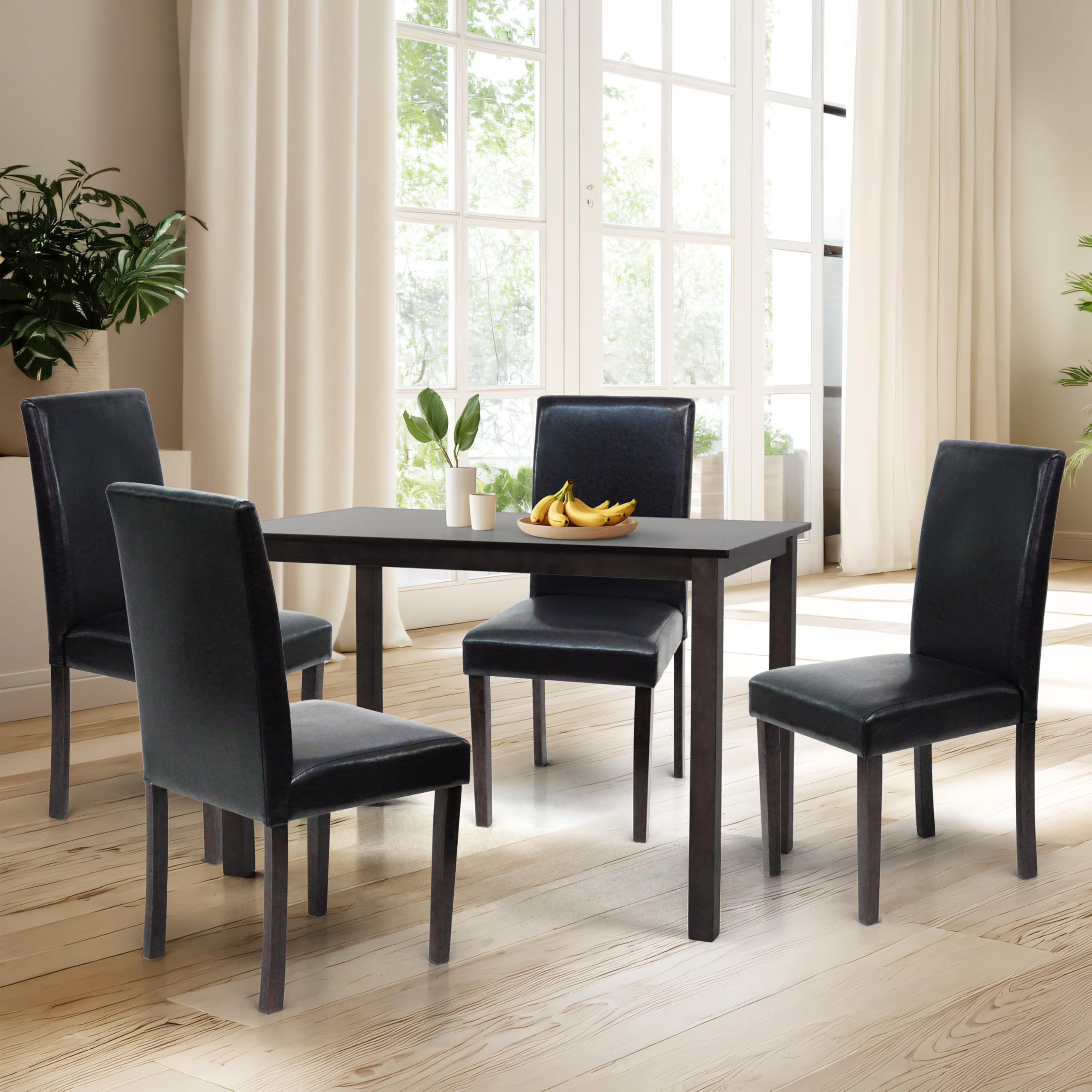 5-Piece Classic Dining Set - Falabella Wood Table & 4 PU Leather Chairs in Espresso - Waterproof Fabric for Kitchen & Dining Room - Perfect for Family Meals & Entertaining Guests