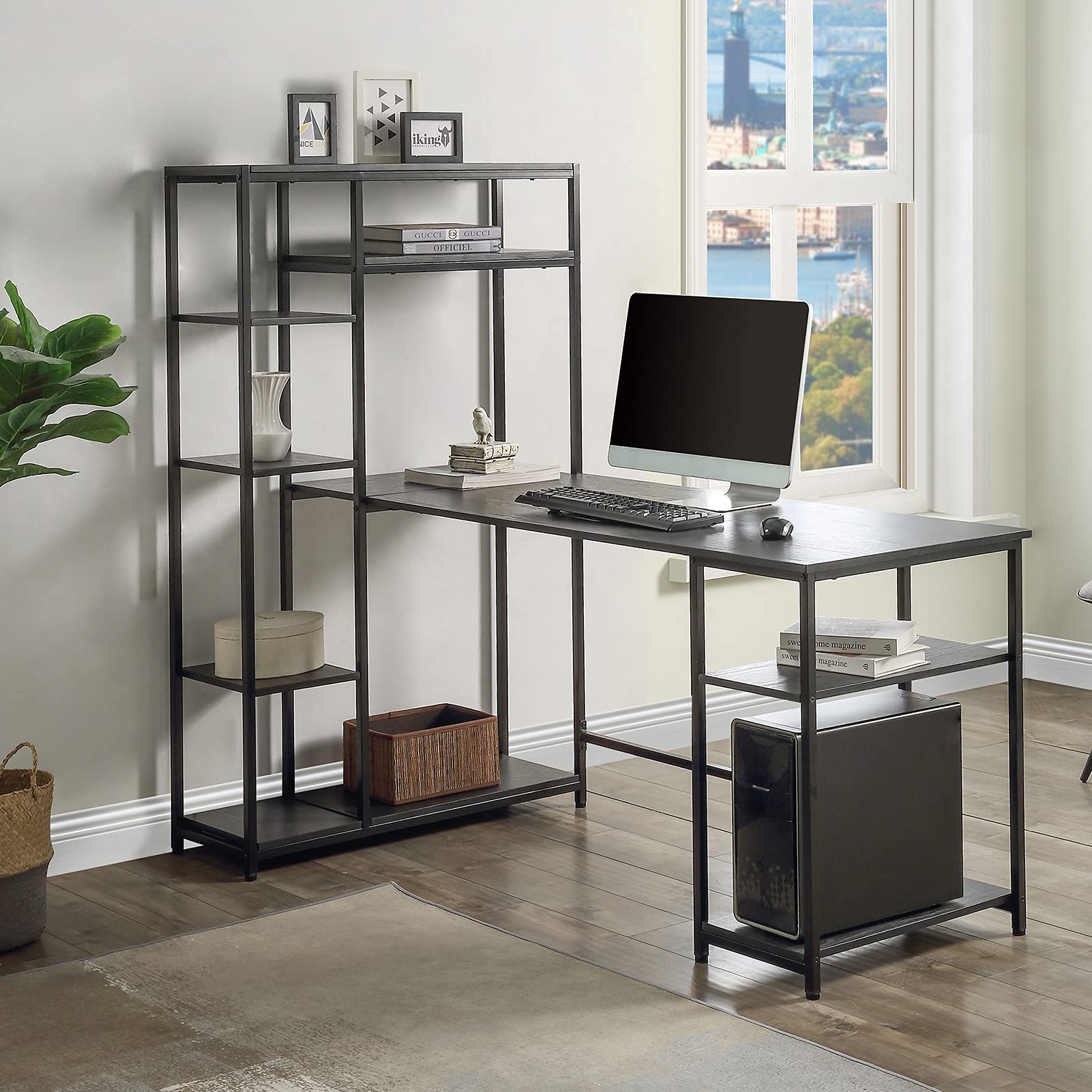 VEAREAR Modern Computer Desk with Storage Shelves - Home Office Desk, Study Table, Laptop Workstation, Writing & Gaming Desk for Small Spaces - Perfect for Bedroom, Living Room or Dorm (Black)
