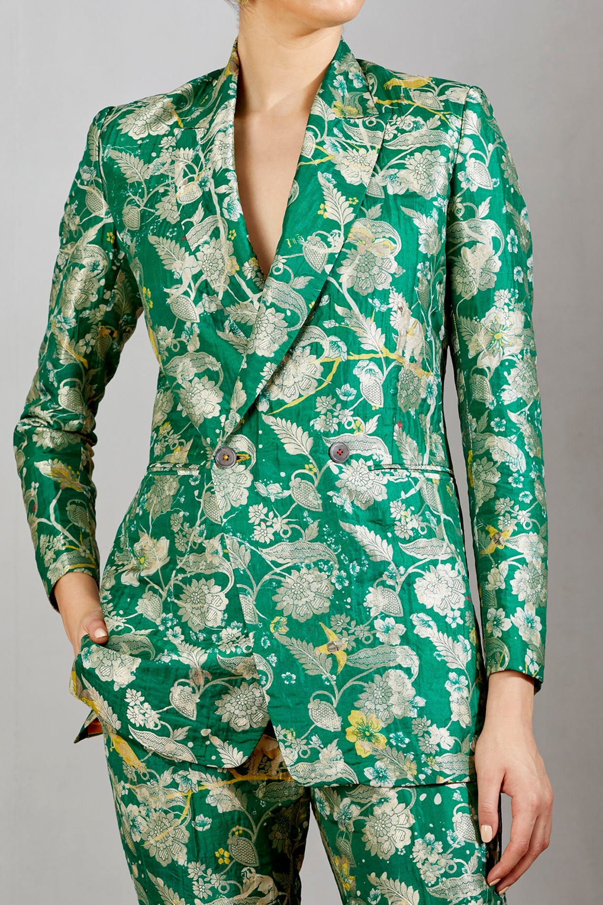 Luxury Double Breasted Blazer for Women - Green Silk Brocade Jacket - Perfect for Office Wear, Business Meetings & Formal Events