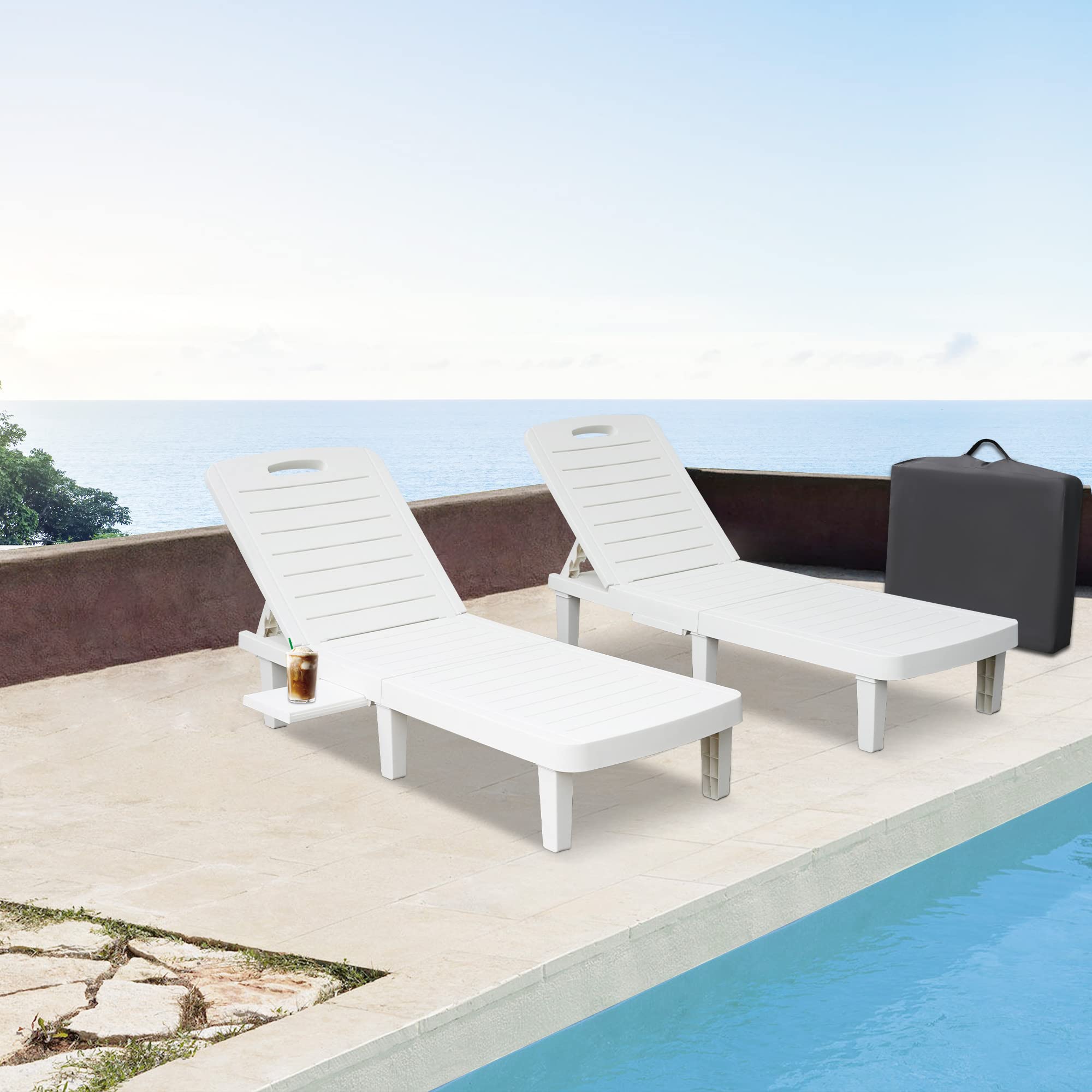 Premium White Patio Lounge Chairs - Adjustable Backrest Outdoor Chaise Lounge with Detachable Tray | Waterproof & Lightweight Plastic Poolside Chair for Beach, Garden, Backyard | Perfect for Sunbathing, Relaxing by the Pool or Coastal Getaways