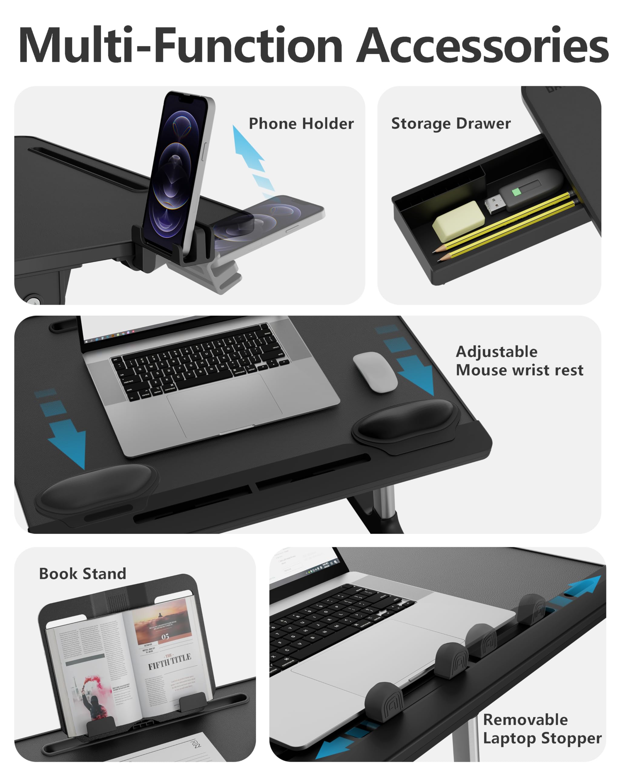 Adjustable Laptop Desk for Bed - XL Portable Laptop Table with Book Stand, Drawer, Wrist Cushion & Phone Holder - Perfect for Working, Studying, Writing & Eating in Bed or Sofa - Black