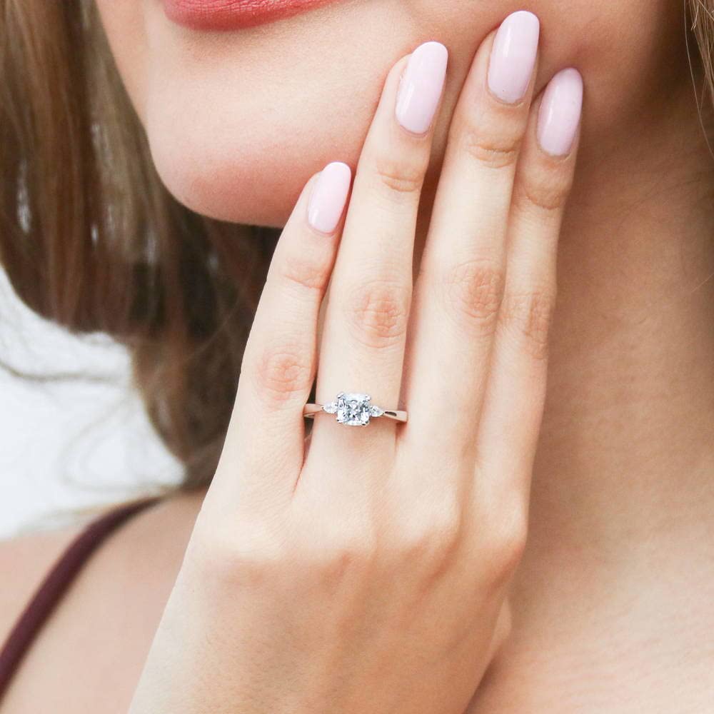 BERRICLE Sterling Silver 3-Stone Wedding & Engagement Ring - 1.25ct Cushion Cut Cubic Zirconia CZ Promise Ring for Women - Rhodium Plated Size 4-10 - Perfect for Proposals, Anniversaries & Special Occasions