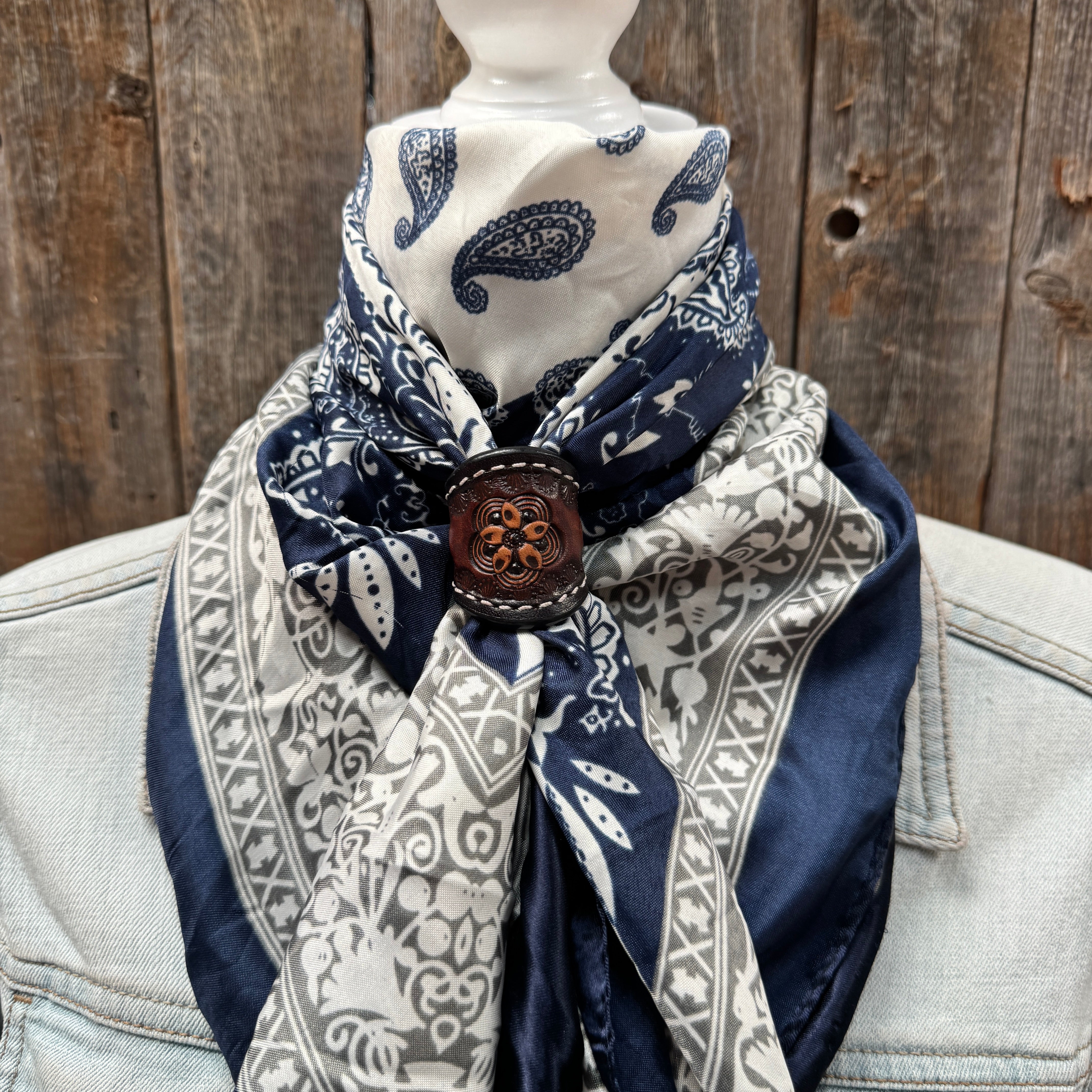 35X35 Two-Tone Navy Paisley Wild Rag Scarf WR2561 - Hand-Tooled Leather Wild Rag Slides for Cowboy & Western Fashion - Perfect for Rodeo, Horse Riding & Outdoor Adventures