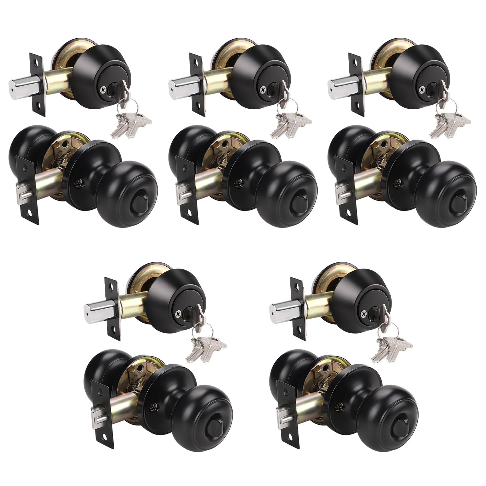 KNOBWELL 5-Pack Keyed Alike Door Knob & Double Cylinder Deadbolt Set - Black Exterior Door Lock with Deadbolt for Enhanced Home Security | Perfect for Front Doors, Back Doors & Rental Properties